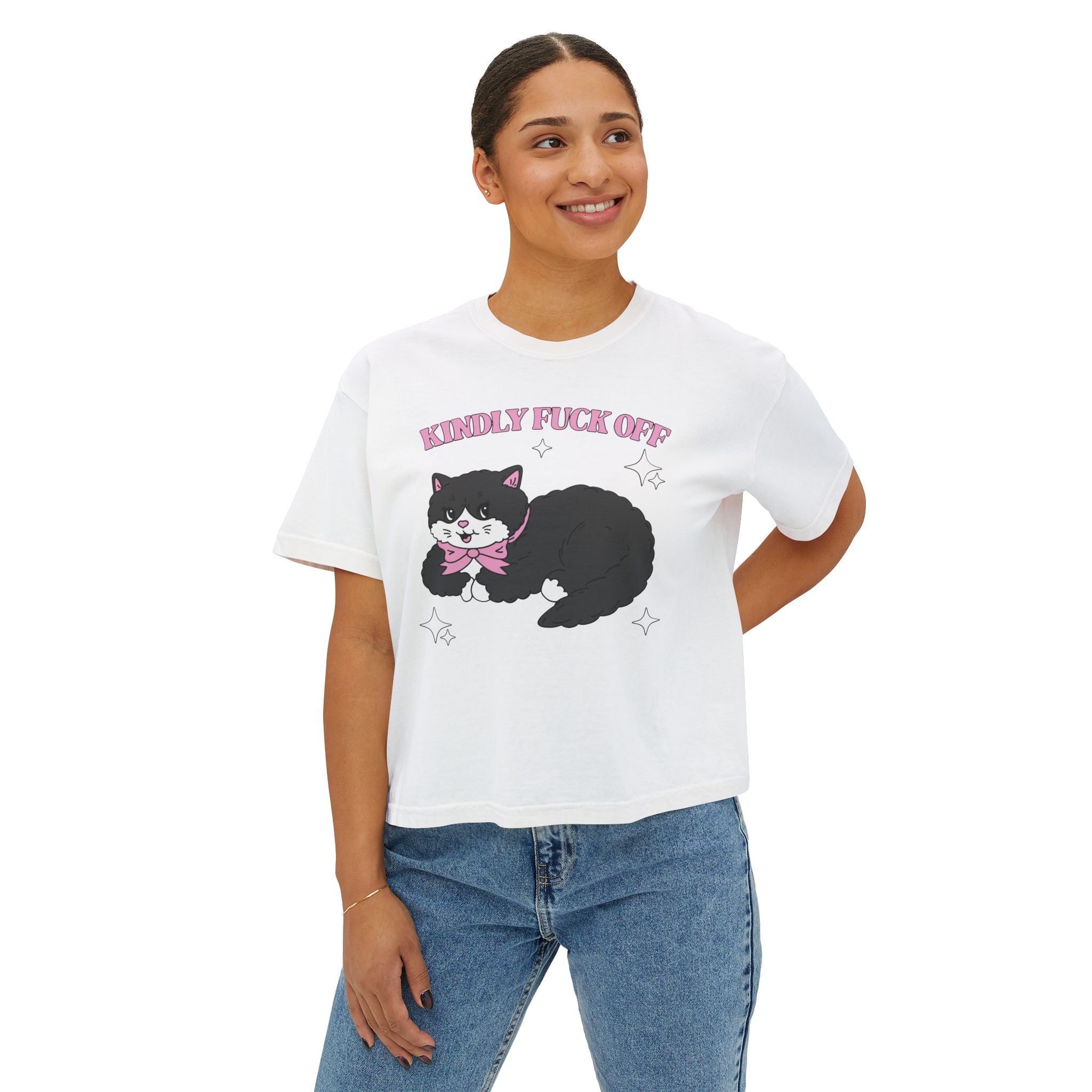 Kindly F*** Off Funny Swear word Cat Tee | Black Cat Illustration, Pink Bow, Sarcastic Slogan
