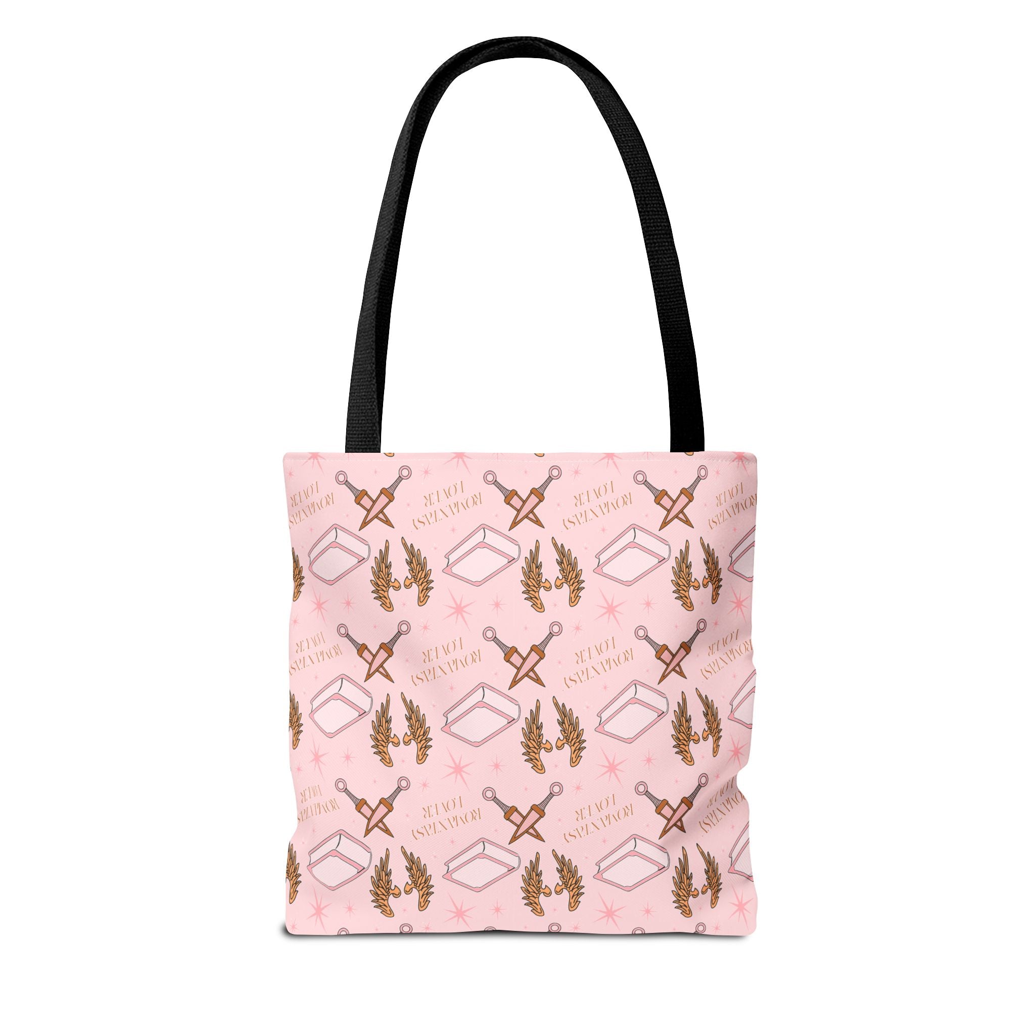 Bookish Girly Romance Reader Sword Rose Gold Scissors & Wreath Pattern Tote Bag | Pink Sewing Tools Allover Print