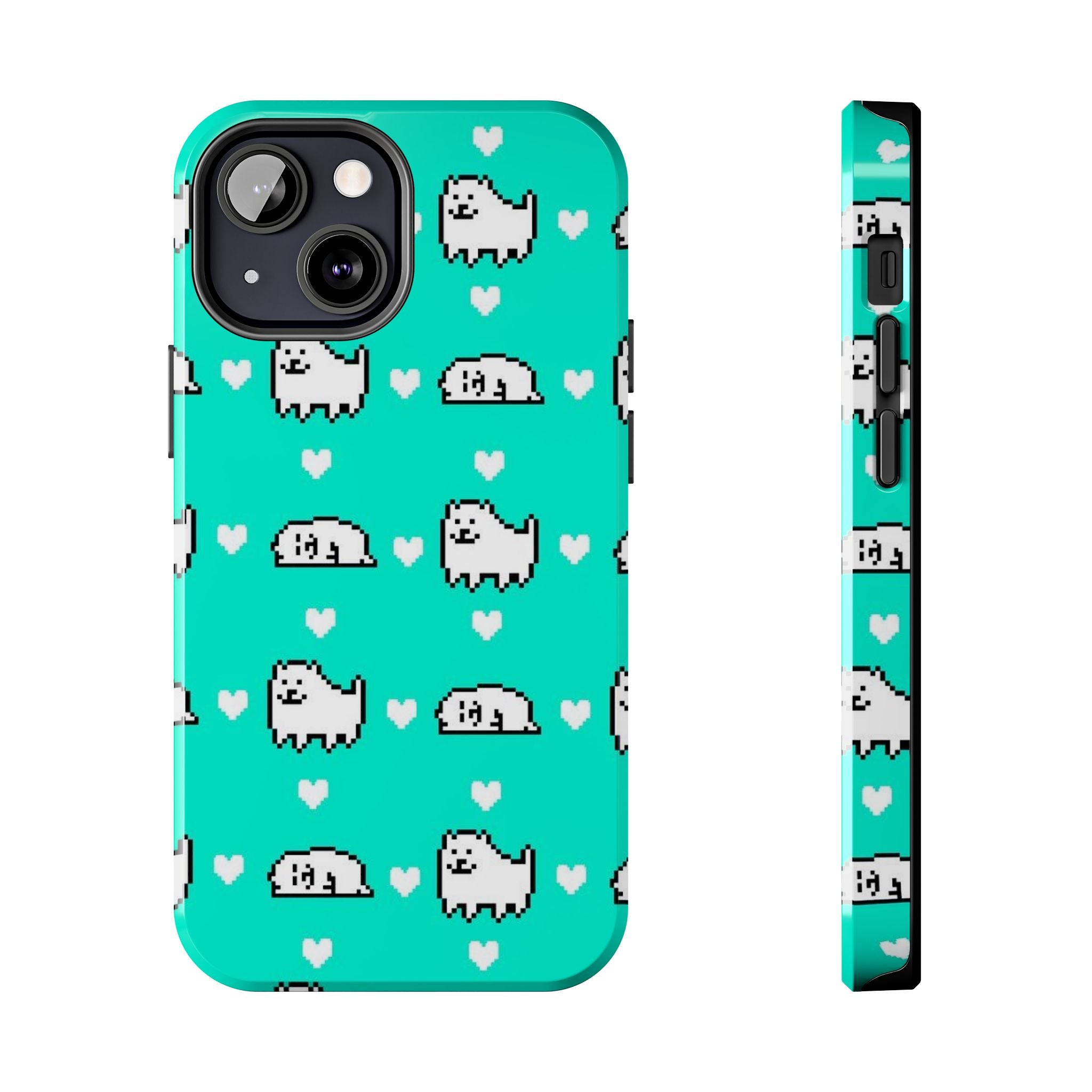 Undertale Cute Teal Kawaii Pixel Dog Pattern Phone Case | Cute Hearts Tough Phone Cases