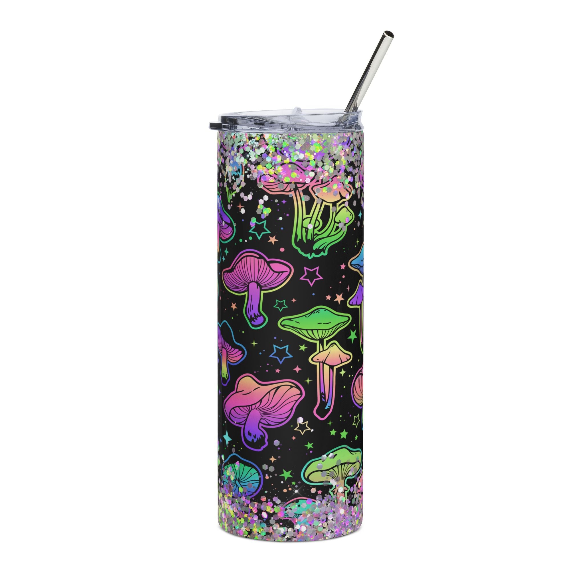 Neon Mushroom Glitter Psychedelic Aesthetic Gothic Pattern Stainless Steel Tumbler | 20oz