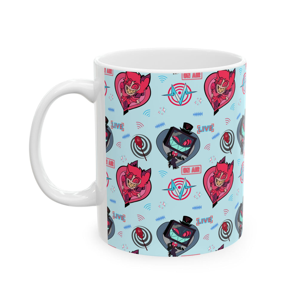 Hazbin Hotel Alastor Vox Radiostatic Hellaverse Cute Cartoon Cat and Robot Pattern Mug | Blue All-Over Print Ceramic Mug