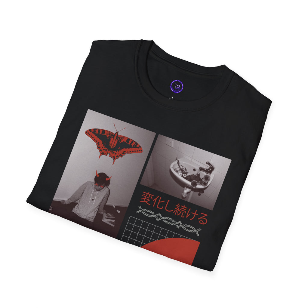 Red Black Cyberpunk Collage T-Shirt | Japanese Text, Smiley Face