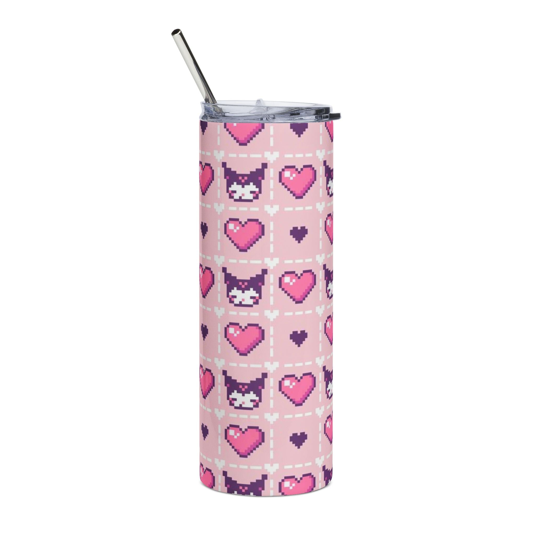 Kuromi Pink Sanrio Pixel Cat Hearts Stainless Steel Tumbler, 20oz