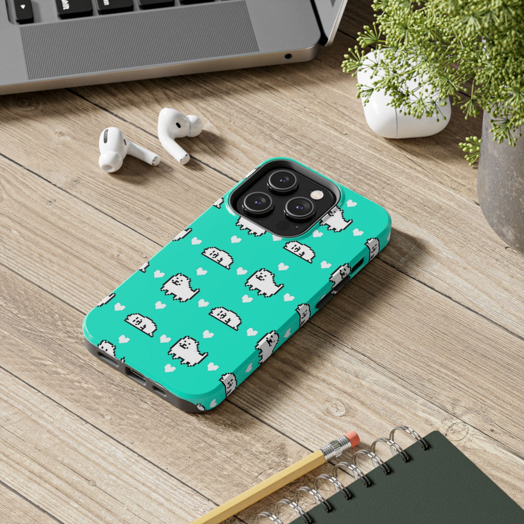 Undertale Cute Teal Kawaii Pixel Dog Pattern Phone Case | Cute Hearts Tough Phone Cases