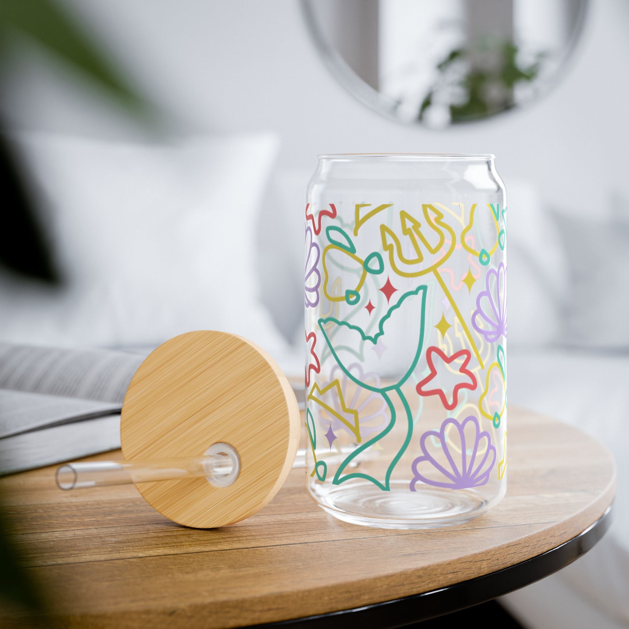 16oz Mermaid Floral Sipper Glass with Bamboo Lid & Straw — Cute Pastel Beach Vibes