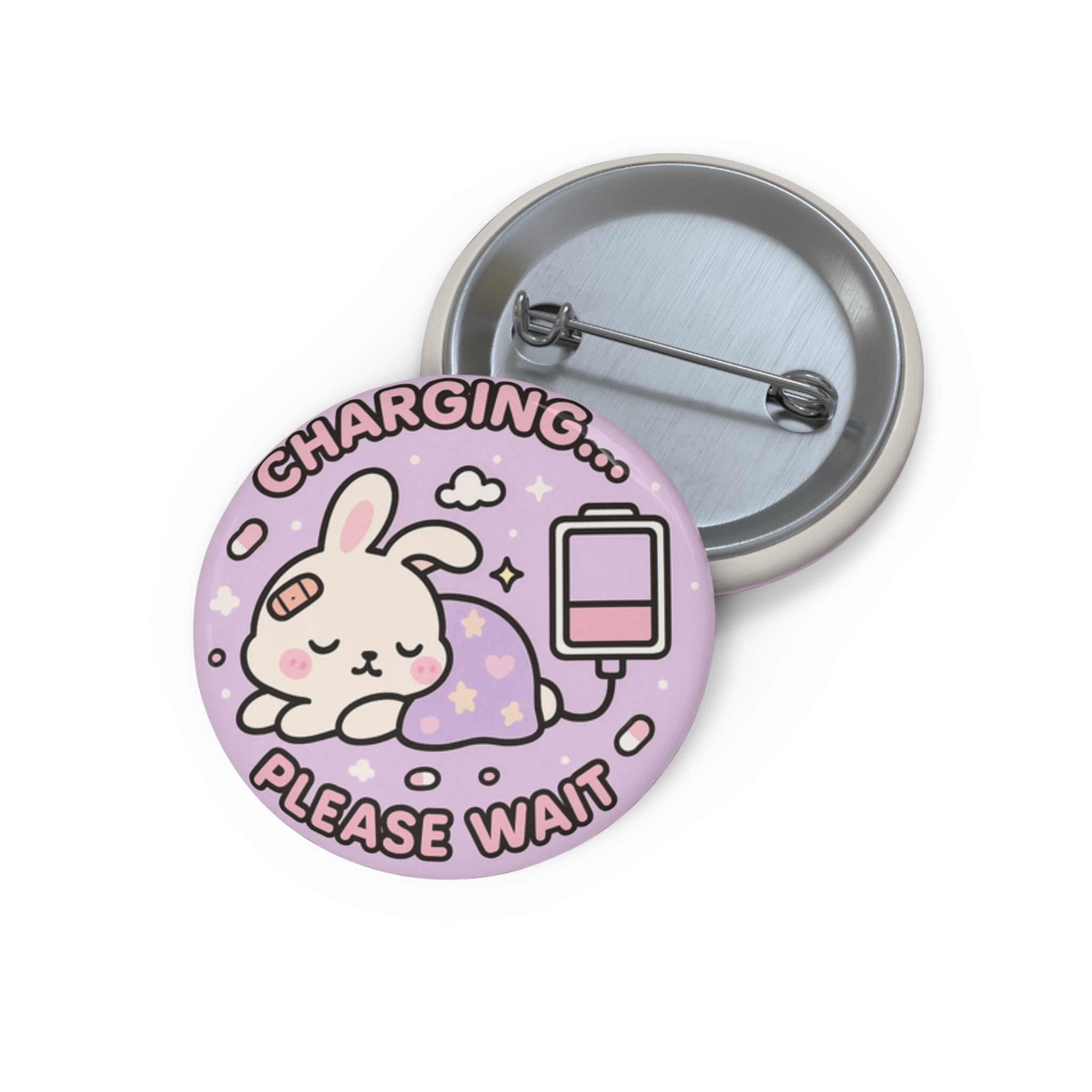 Charging Bunny pin button | kawaii bunny lapel pin, pastel purple enamel-style button