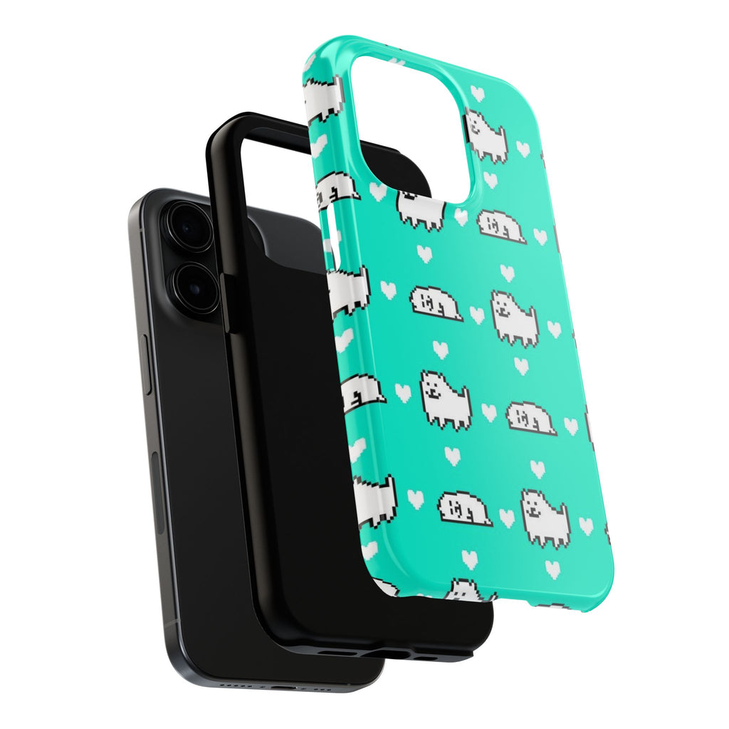 Undertale Cute Teal Kawaii Pixel Dog Pattern Phone Case | Cute Hearts Tough Phone Cases
