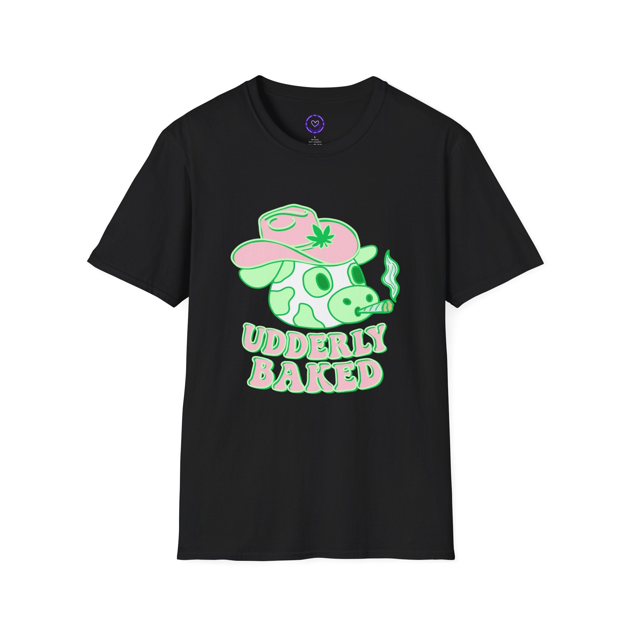 Udderly Baked Cow T-Shirt | Cow Smoking Graphic, Pastel Green Pink