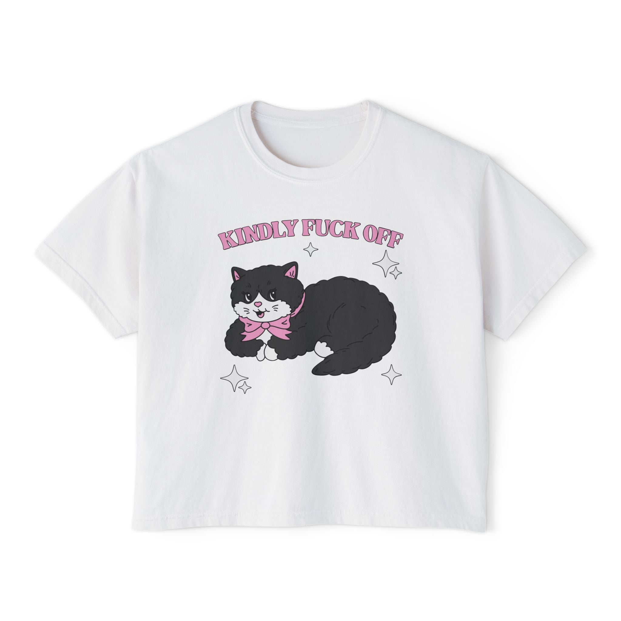 Kindly F*** Off Funny Swear word Cat Tee | Black Cat Illustration, Pink Bow, Sarcastic Slogan