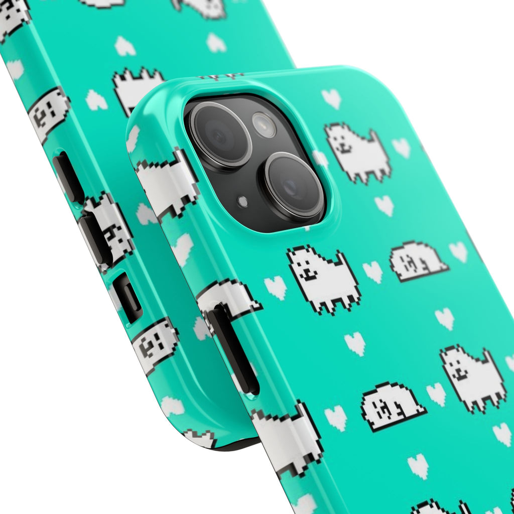 Undertale Cute Teal Kawaii Pixel Dog Pattern Phone Case | Cute Hearts Tough Phone Cases