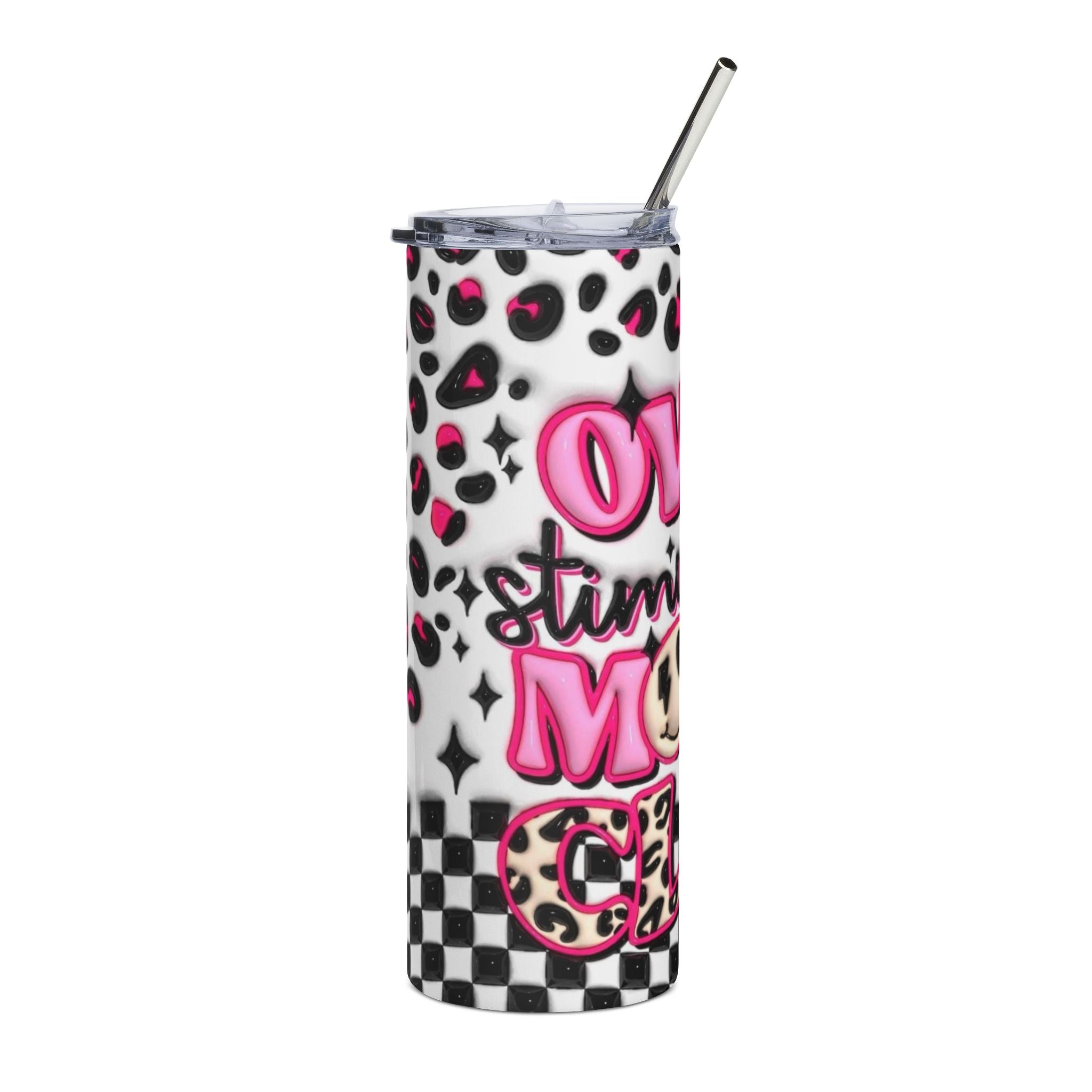 Overstimulated Mom Tumbler | 20oz Stainless Steel Leopard Checker Travel Cup