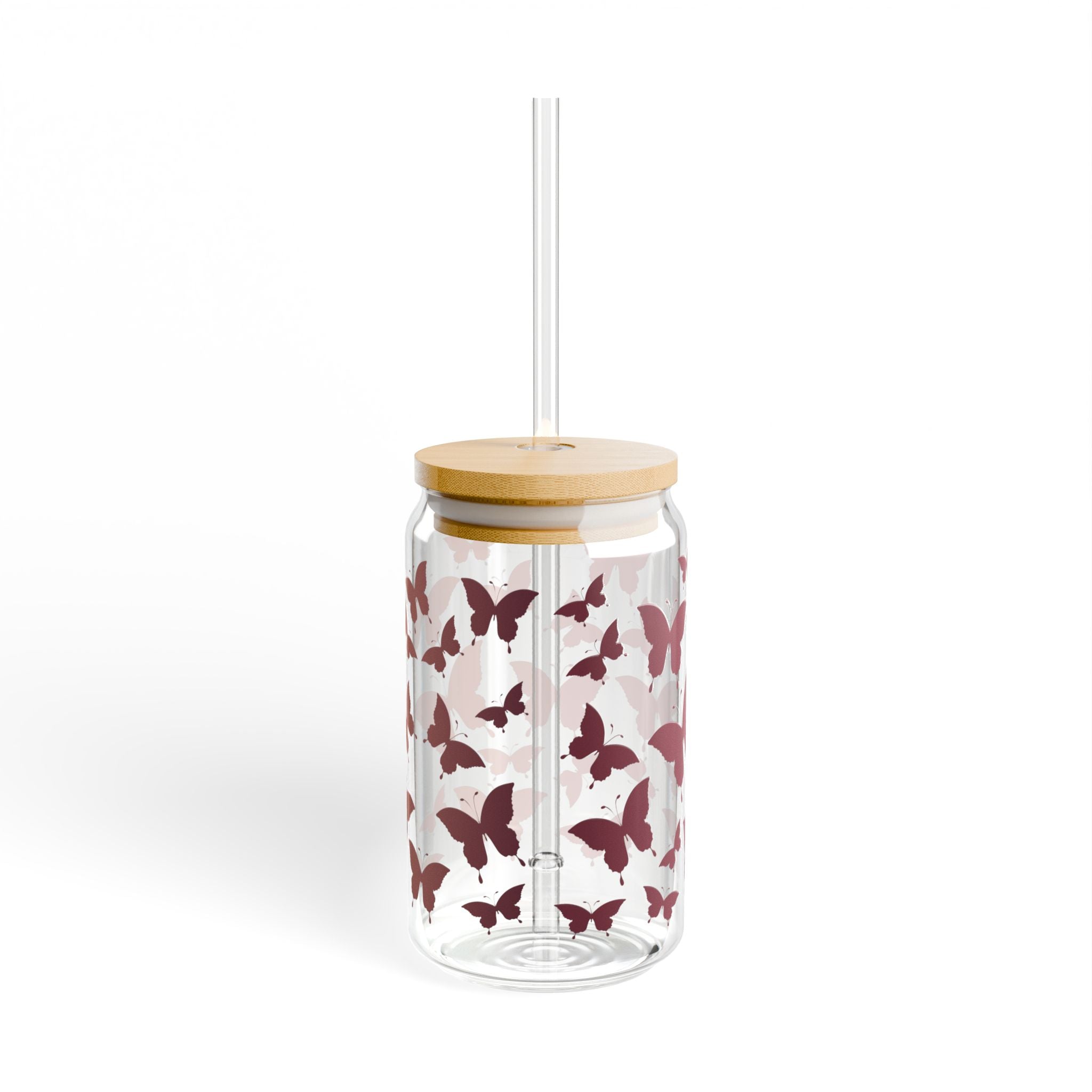 Pink Butterfly Pattern Sipper Glass | 16oz Clear Tumbler with Straw