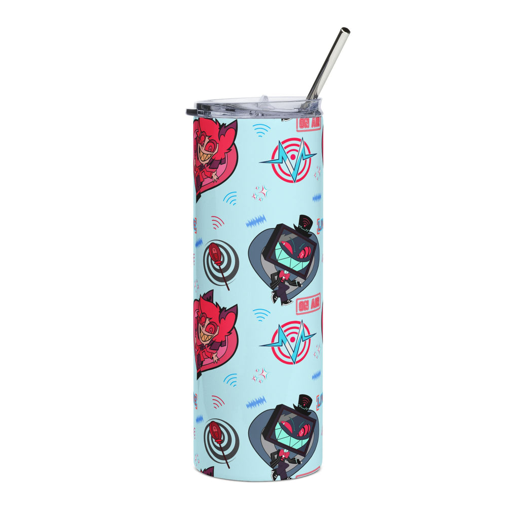 Hazbin Hotel VOX x Alastor Cartoon Heart Cat & Tech Emblem Stainless Steel Tumbler 20oz | Cute Pattern