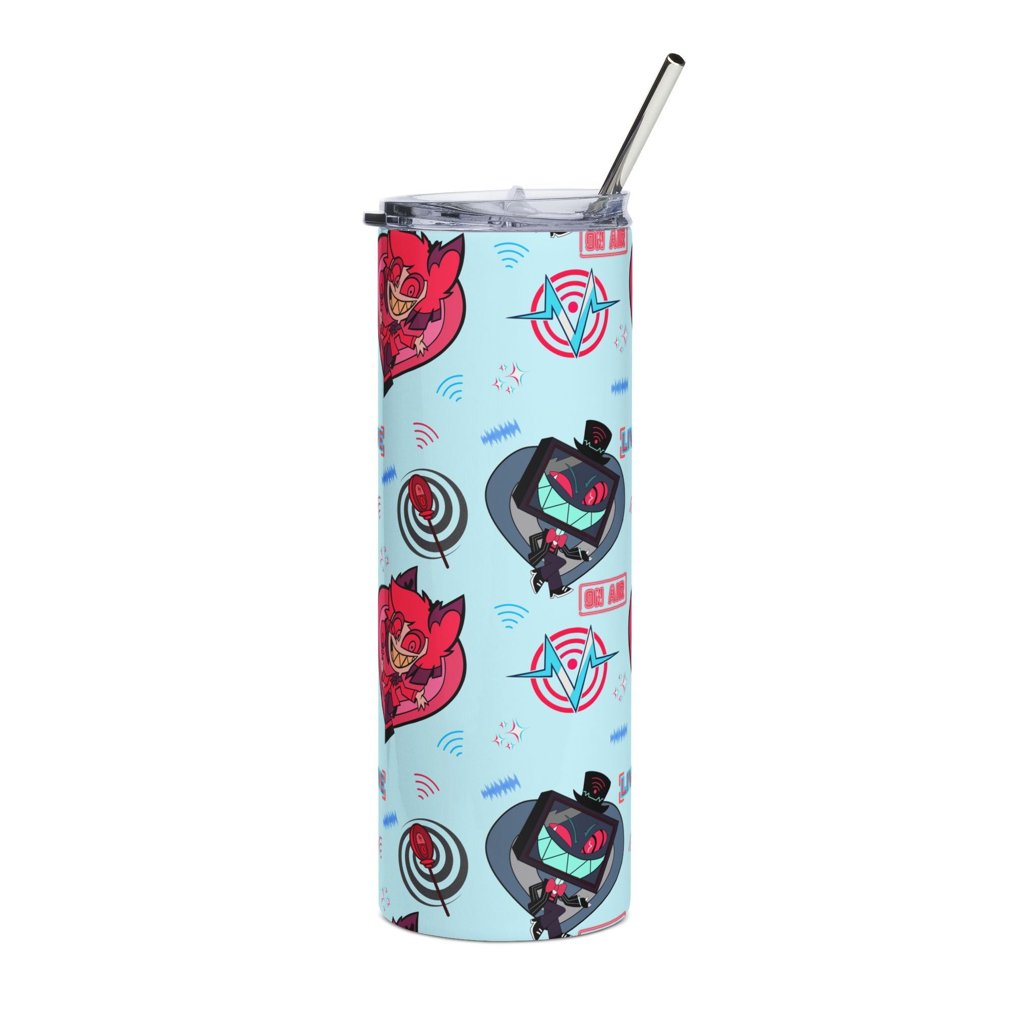 Hazbin Hotel VOX x Alastor Cartoon Heart Cat & Tech Emblem Stainless Steel Tumbler 20oz | Cute Pattern