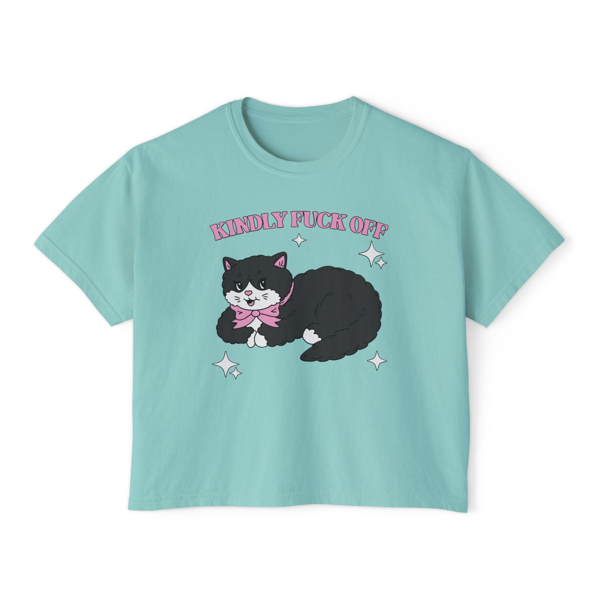 Kindly F*** Off Funny Swear word Cat Tee | Black Cat Illustration, Pink Bow, Sarcastic Slogan