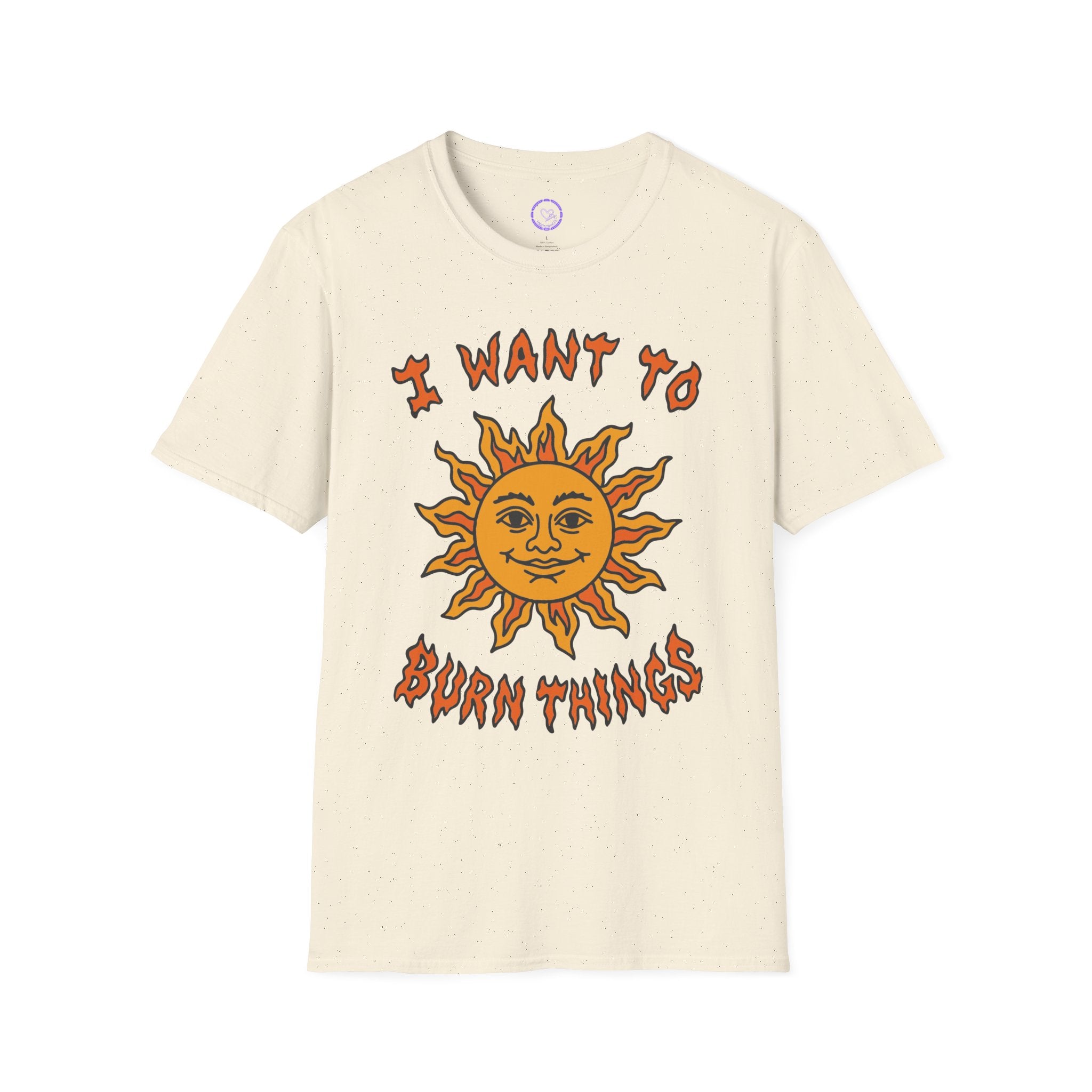 I Want To Burn Things Sun Graphic T-Shirt | Retro Smiling Sun Illustration