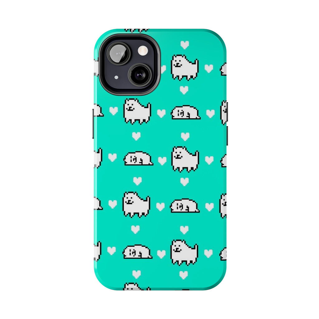 Undertale Cute Teal Kawaii Pixel Dog Pattern Phone Case | Cute Hearts Tough Phone Cases