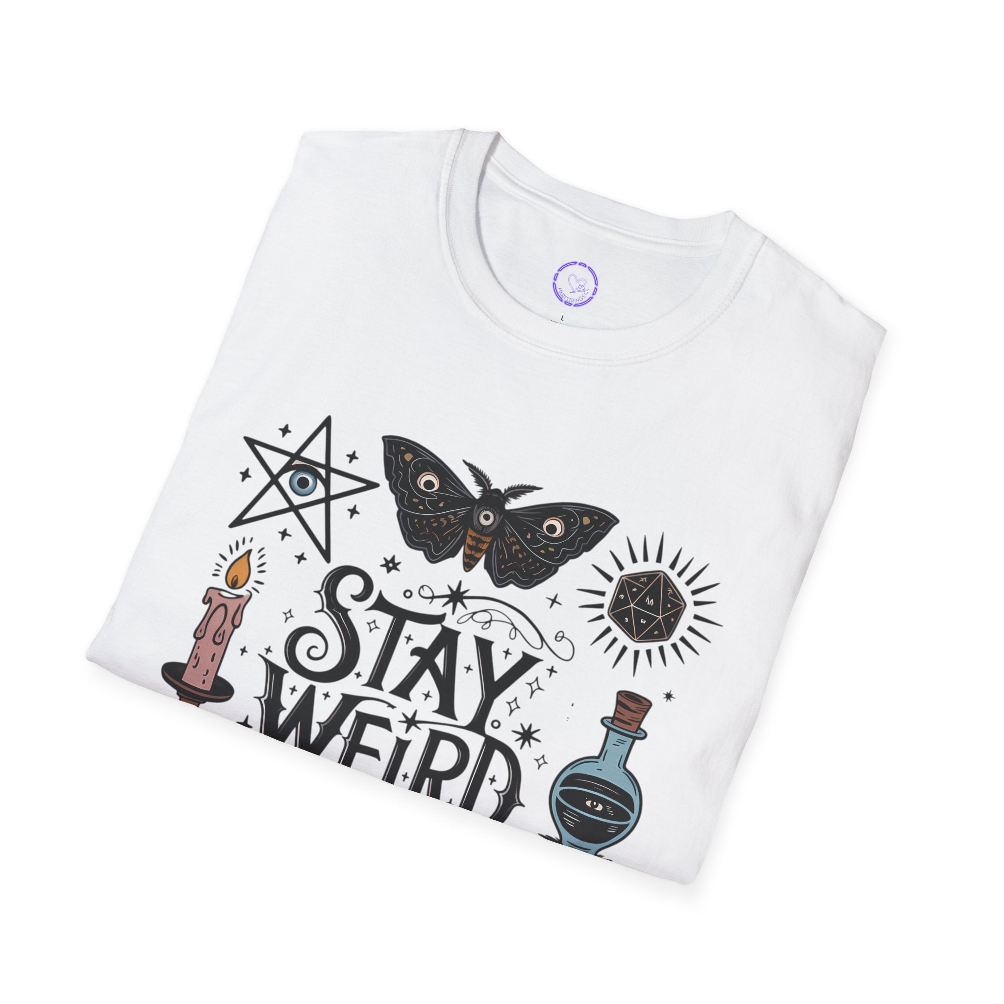 Stay Weird witchy symbols T-Shirt | moth, candle, potion, tarot art