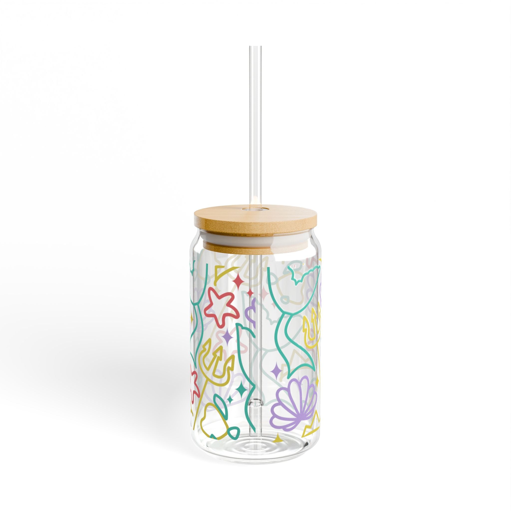 16oz Mermaid Floral Sipper Glass with Bamboo Lid & Straw — Cute Pastel Beach Vibes