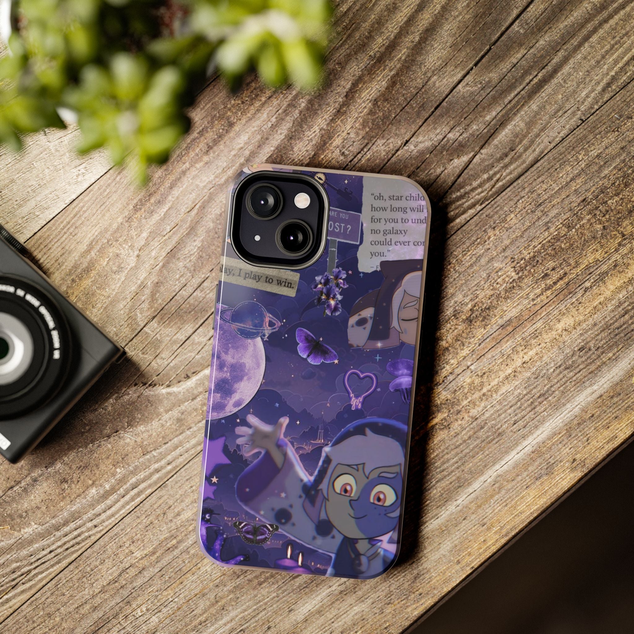 The Owl House The Collector Space Vampire Character phone case | purple galaxy collage, moon & butterflies