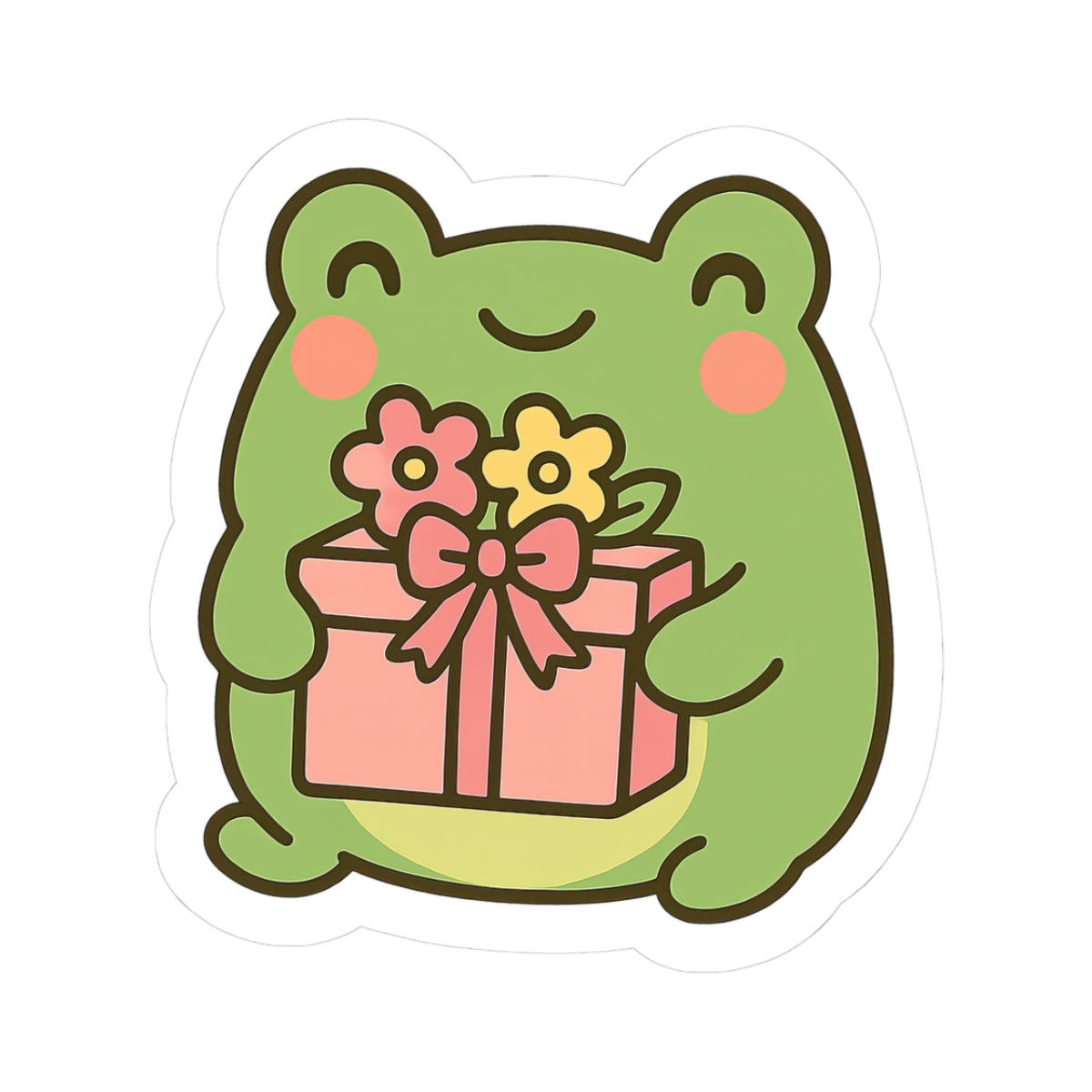 Cute Frog Holding Gift Sticker | Kiss-Cut Sticker, Pastel Kawaii Frog
