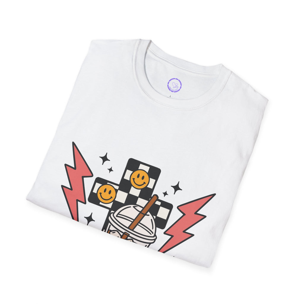 Iced Coffee Cartoon Lightning T-Shirt | Smile Pixels, Retro Beverage