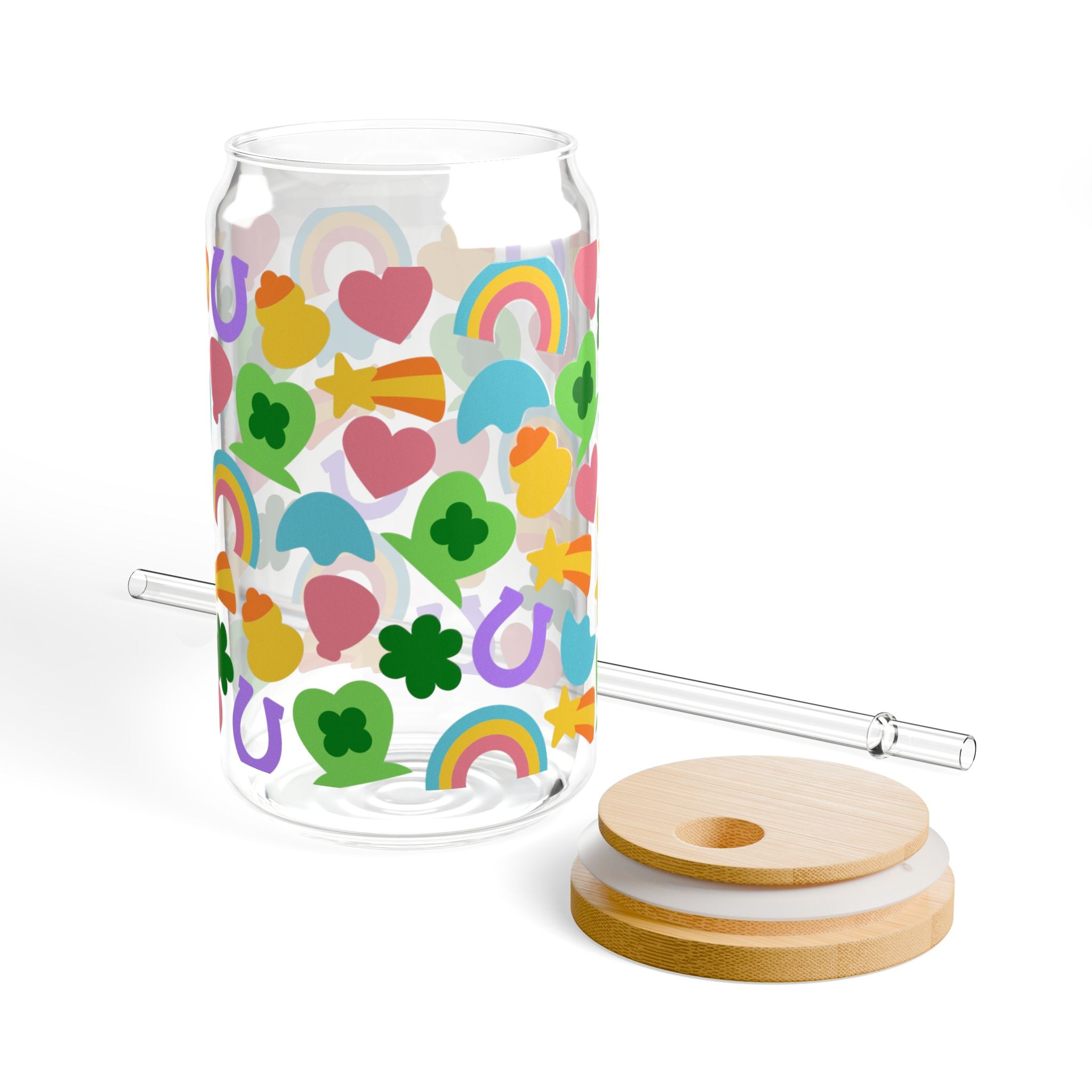 16oz Rainbow Lucky Sipper Glass – Reusable Straw Tumbler with Rainbows, Hearts & Clovers