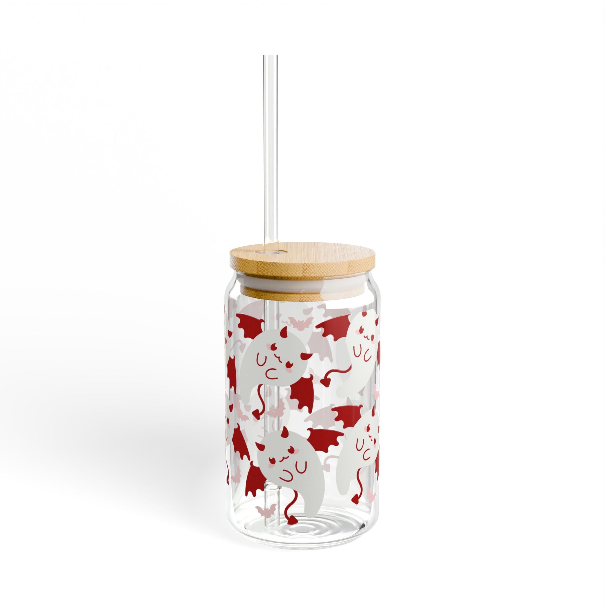 16oz Glass Sipper with Cute Ghosts in Santa Hats – Holiday Christmas Drink Tumbler