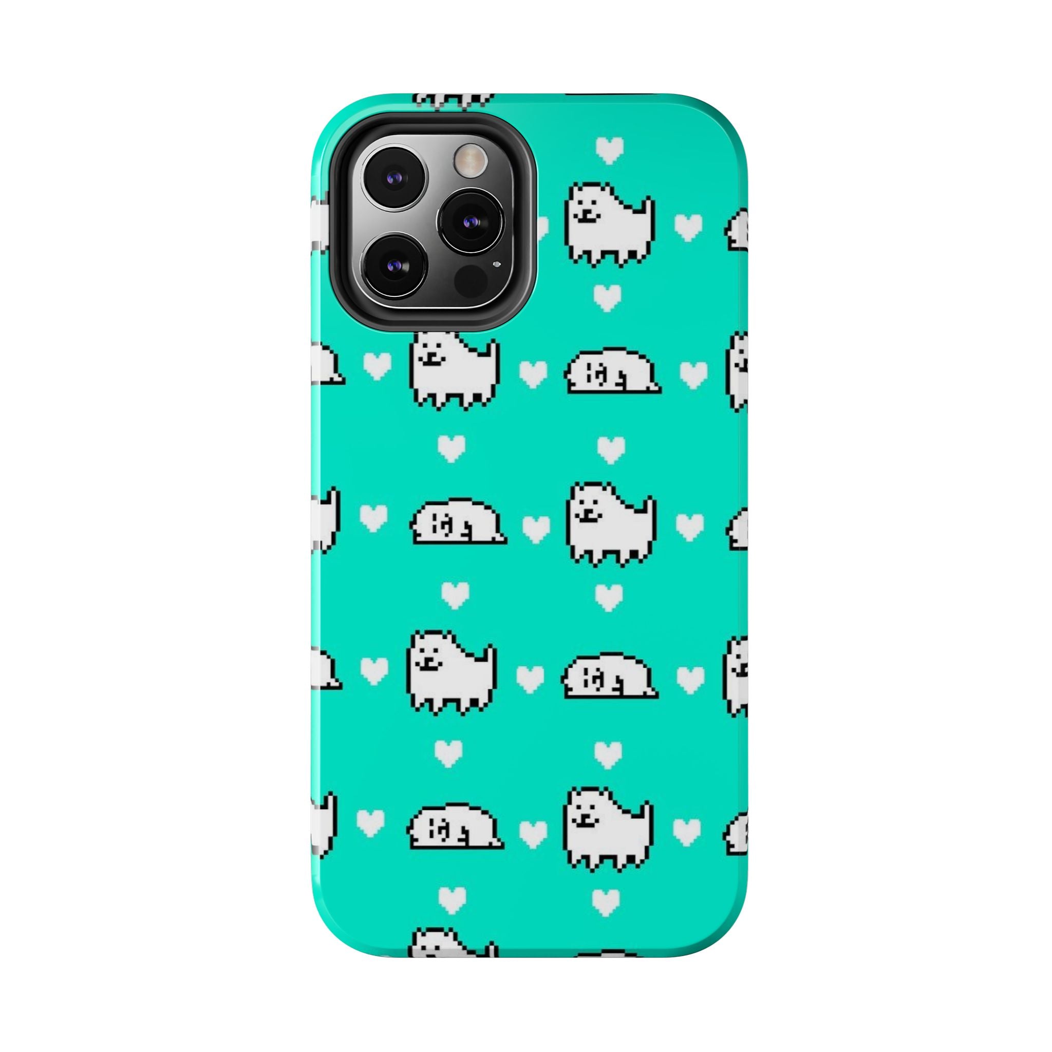 Undertale Cute Teal Kawaii Pixel Dog Pattern Phone Case | Cute Hearts Tough Phone Cases
