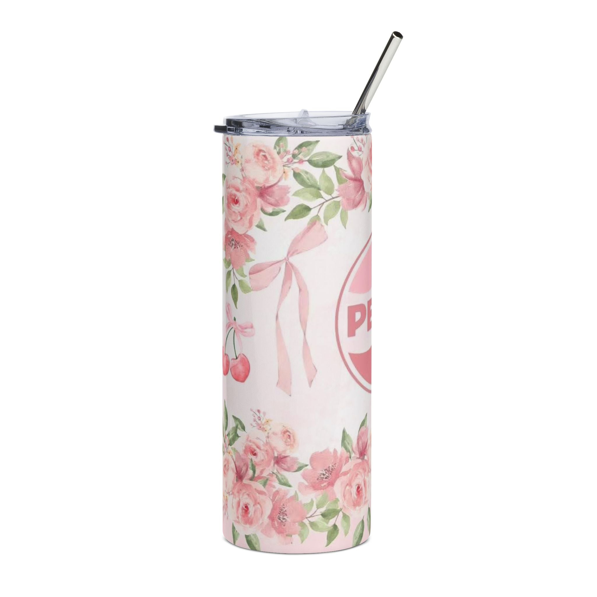 Pink Floral  Pepsi Logo Coquette Tumbler, 20oz Stainless Steel | Floral Drinkware