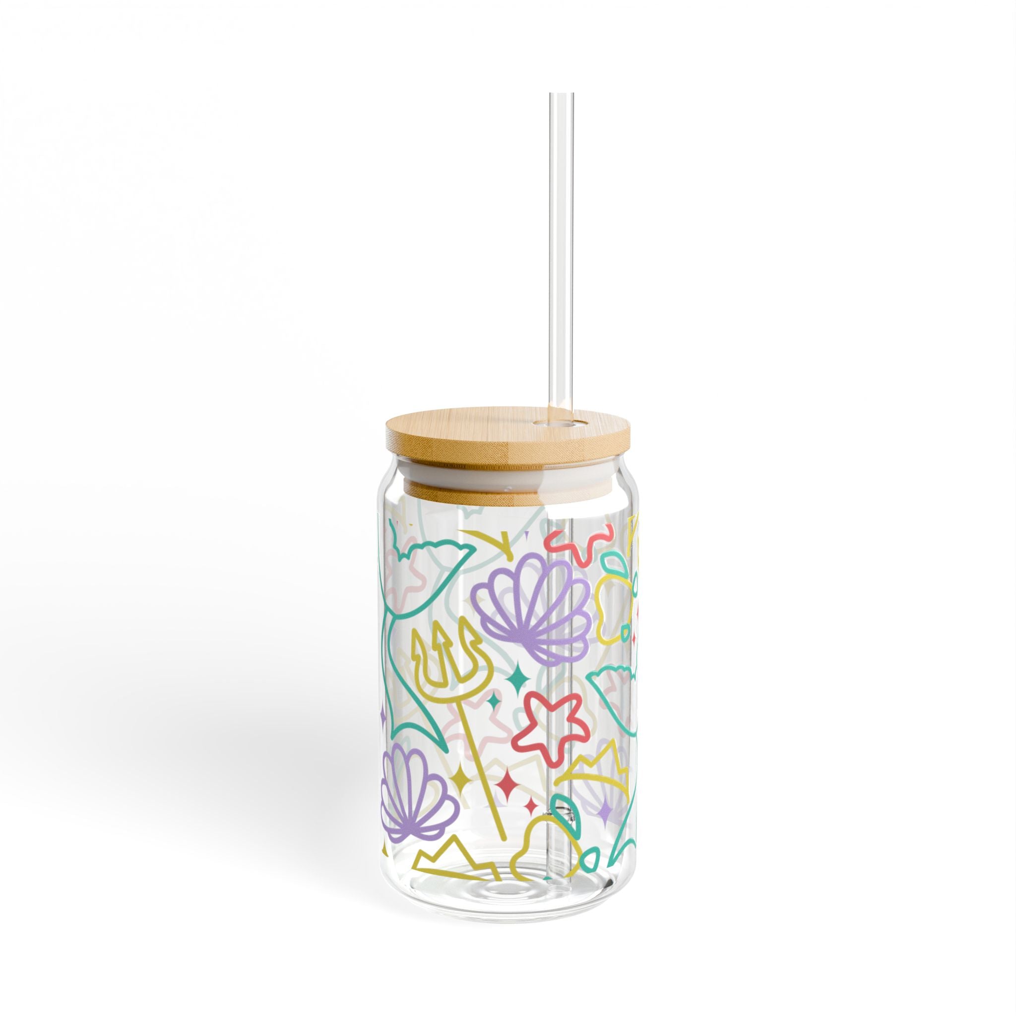 16oz Mermaid Floral Sipper Glass with Bamboo Lid & Straw — Cute Pastel Beach Vibes