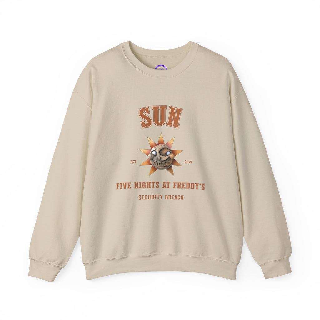 FNAF 5NAF Five Nights At Freddys Varsity Sun Security Breach Skull Graphic Crewneck Sweatshirt | Retro Horror Arcade