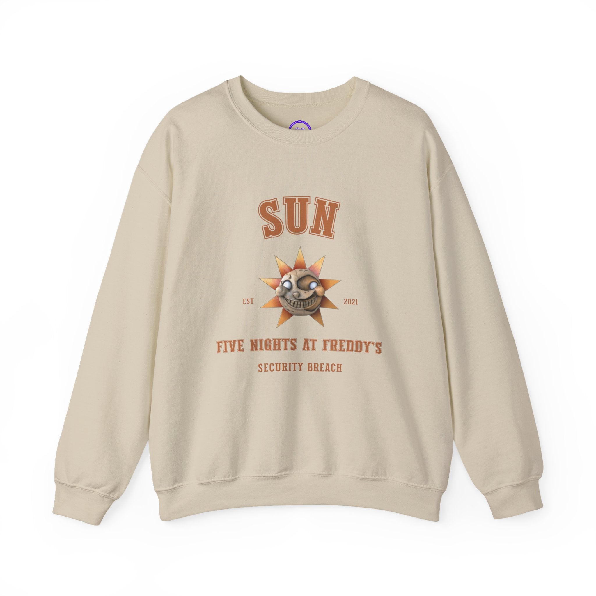 FNAF 5NAF Five Nights At Freddys Varsity Sun Security Breach Skull Graphic Crewneck Sweatshirt | Retro Horror Arcade