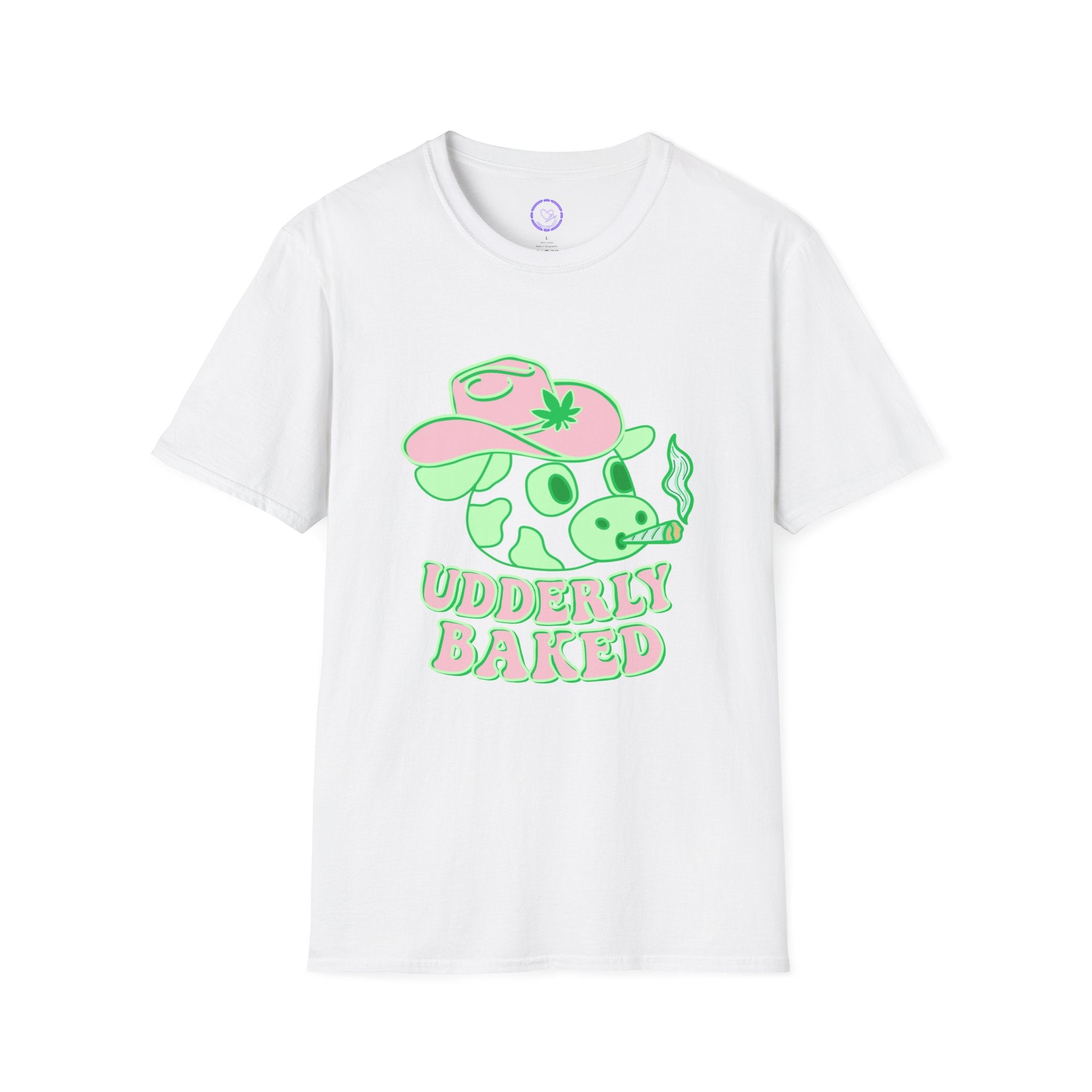 Udderly Baked Cow T-Shirt | Cow Smoking Graphic, Pastel Green Pink