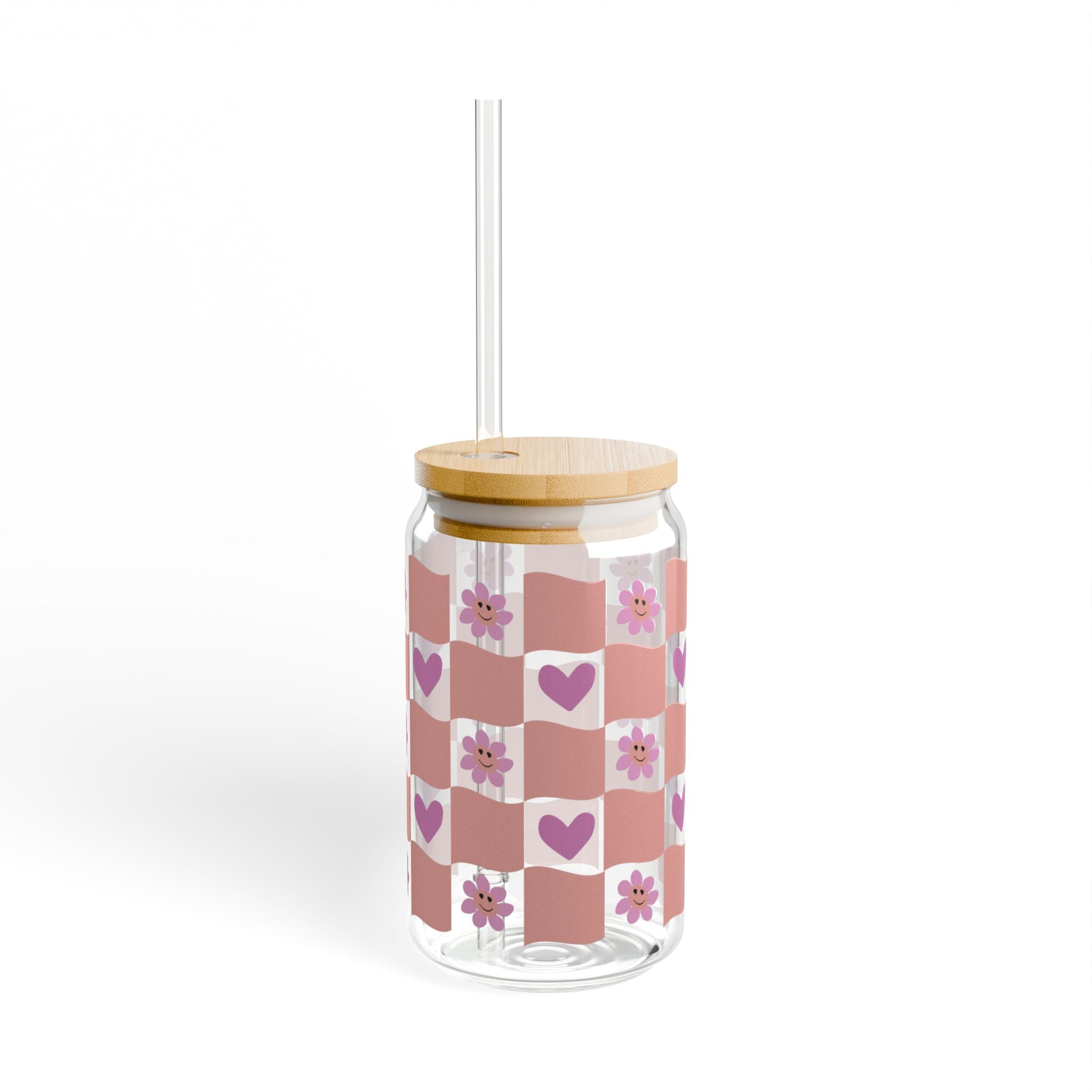 Pink Floral Checkerboard Sipper Glass