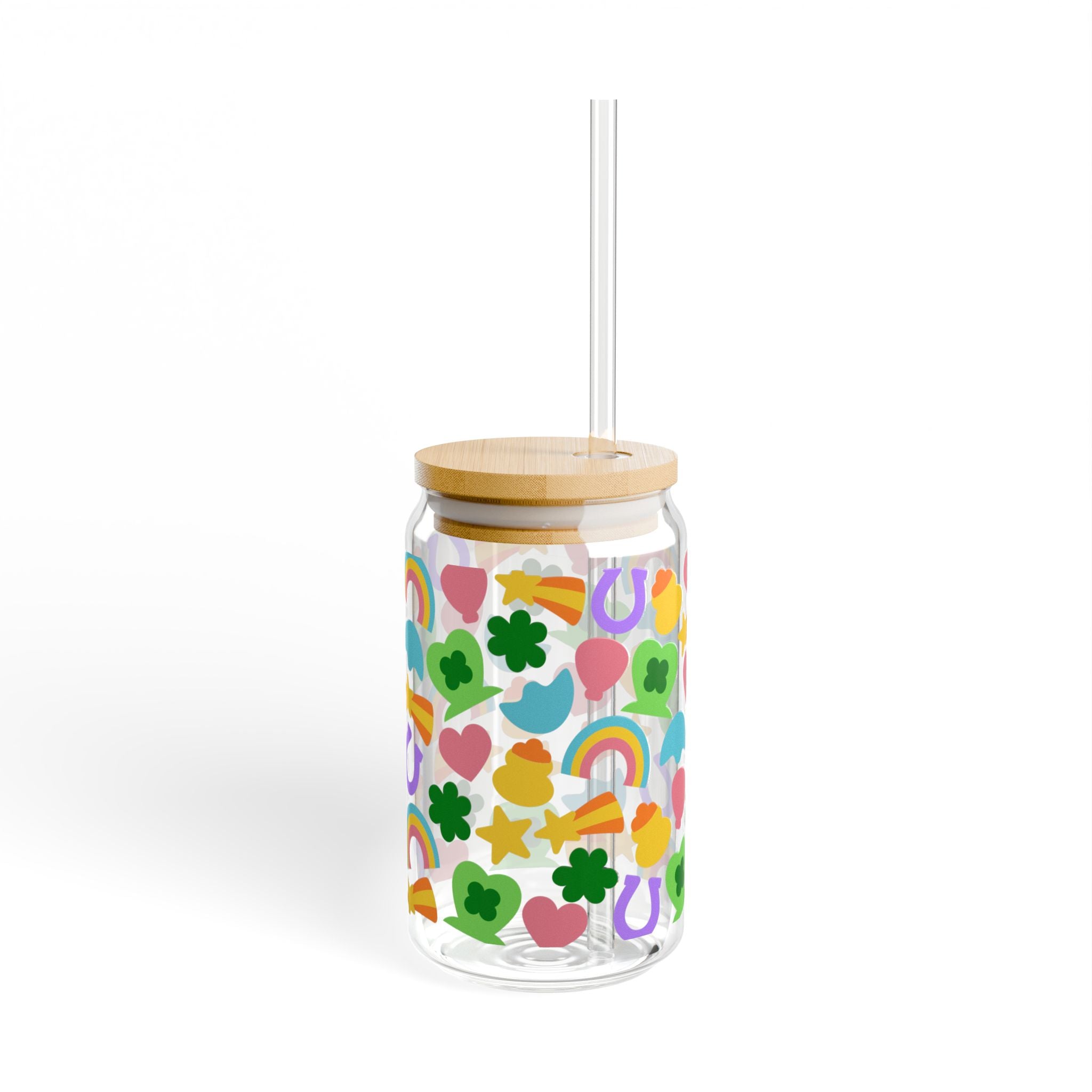 16oz Rainbow Lucky Sipper Glass – Reusable Straw Tumbler with Rainbows, Hearts & Clovers