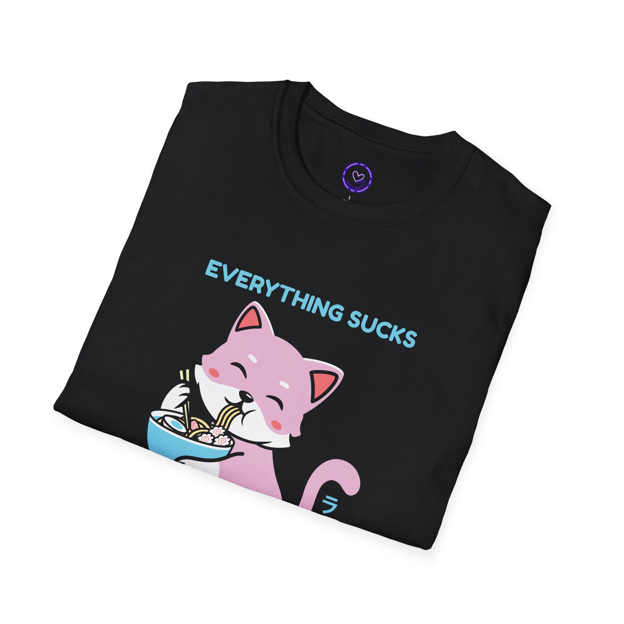 Everything Sucks but Noodles T-Shirt | Cute Pink Cat Ramen Graphic