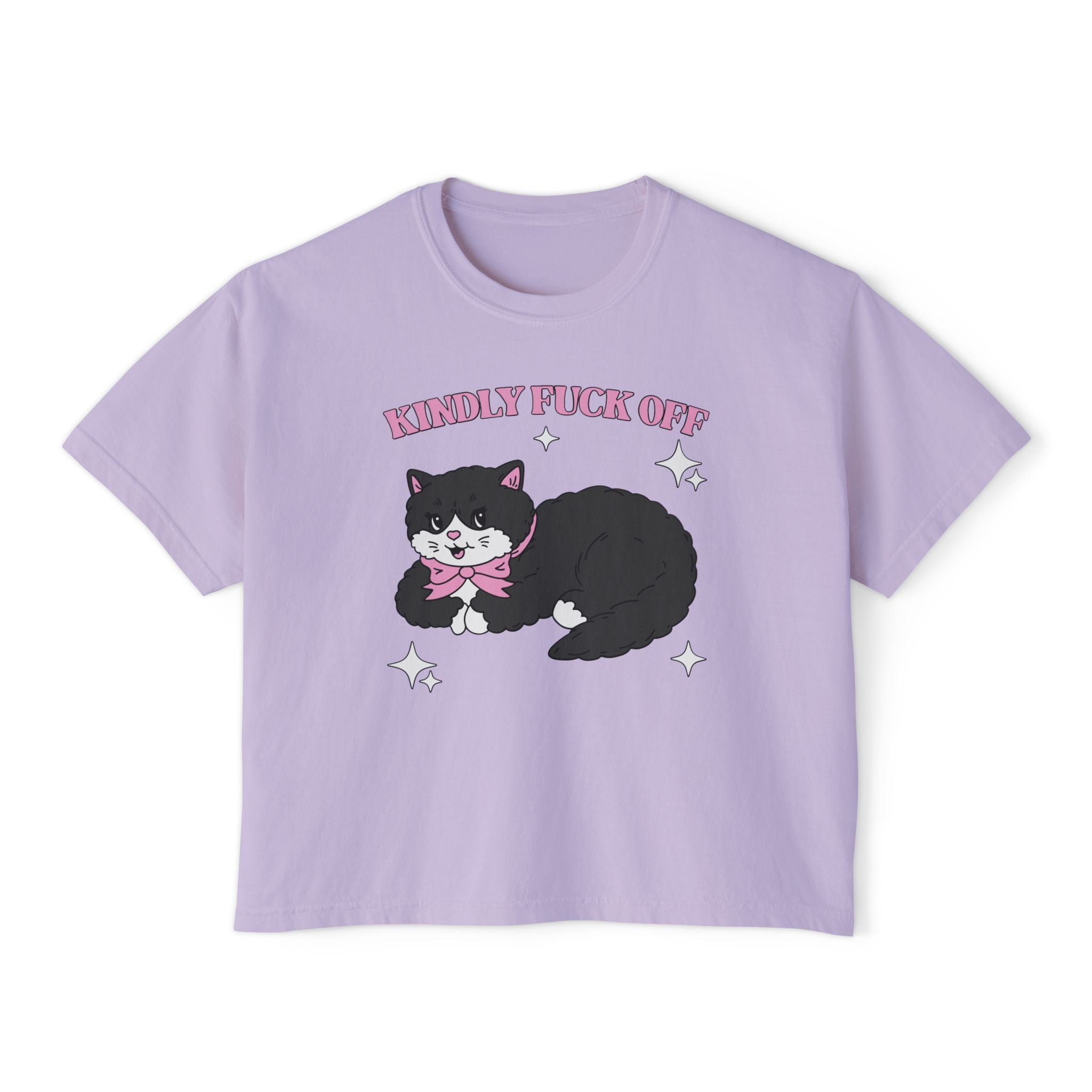 Kindly F*** Off Funny Swear word Cat Tee | Black Cat Illustration, Pink Bow, Sarcastic Slogan
