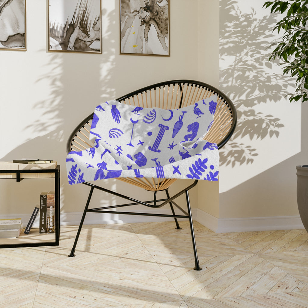 Ancient Greek Motifs Velveteen Microfiber Blanket | Greek Column, Statue, Olive Leaf Pattern