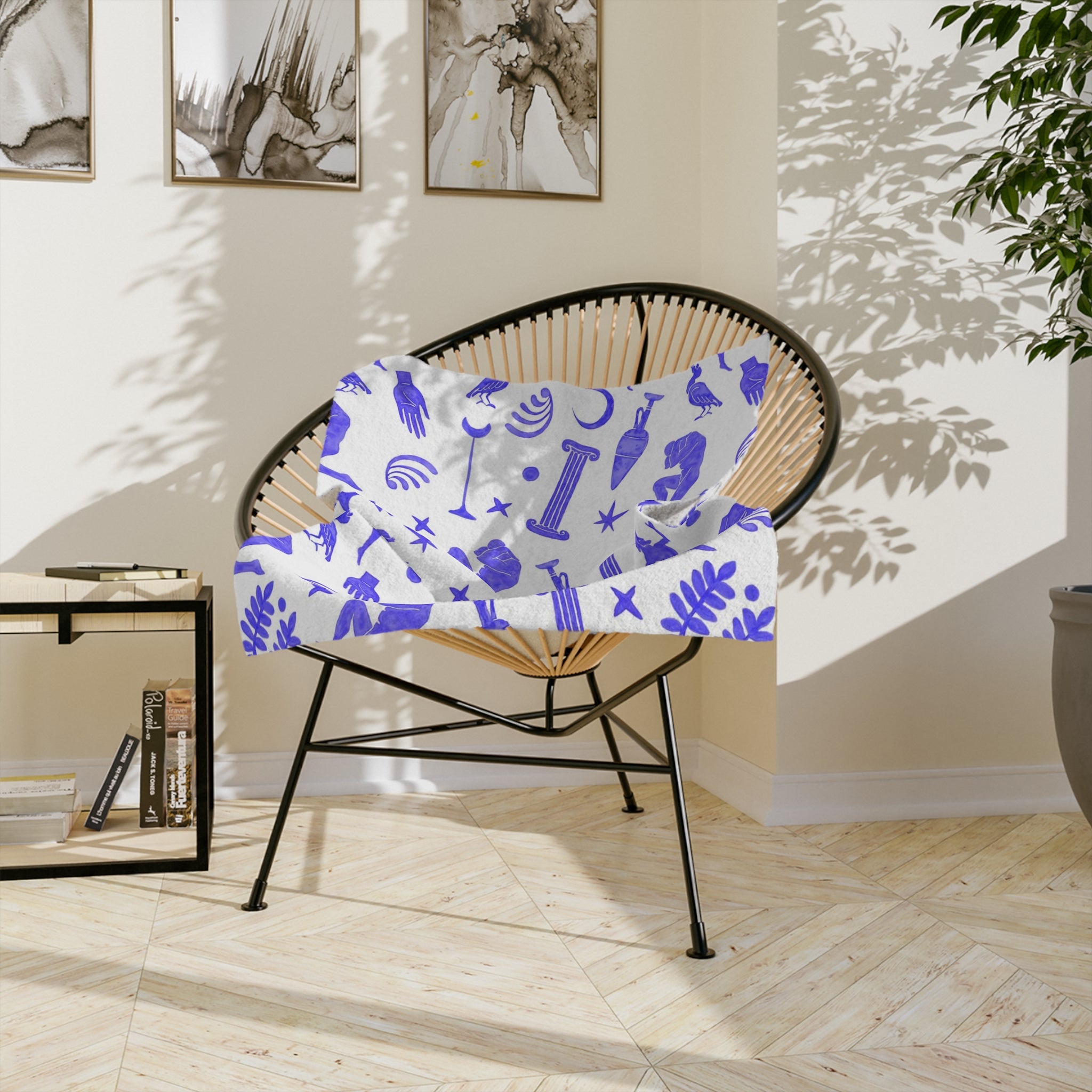 Ancient Greek Motifs Velveteen Microfiber Blanket | Greek Column, Statue, Olive Leaf Pattern