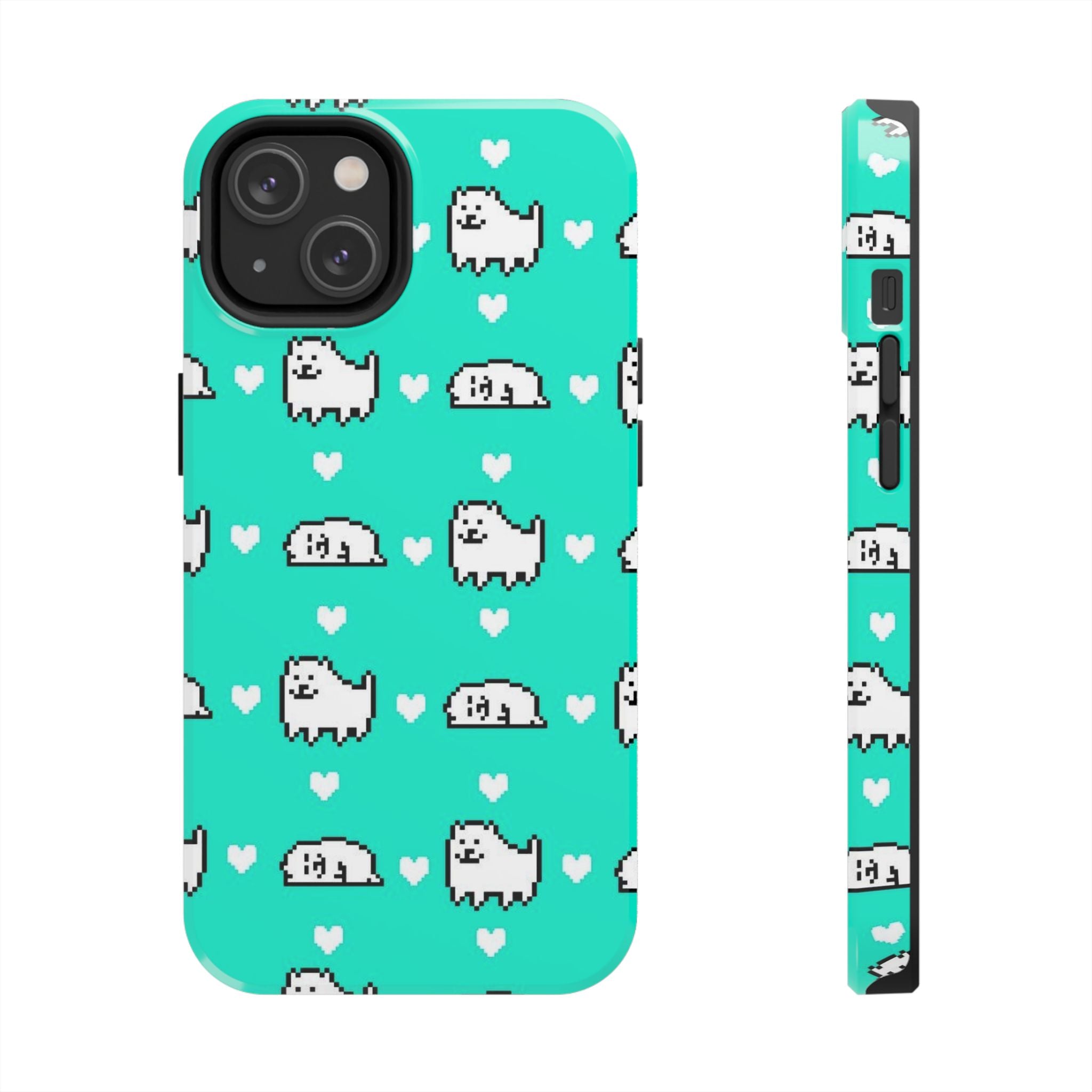 Undertale Cute Teal Kawaii Pixel Dog Pattern Phone Case | Cute Hearts Tough Phone Cases