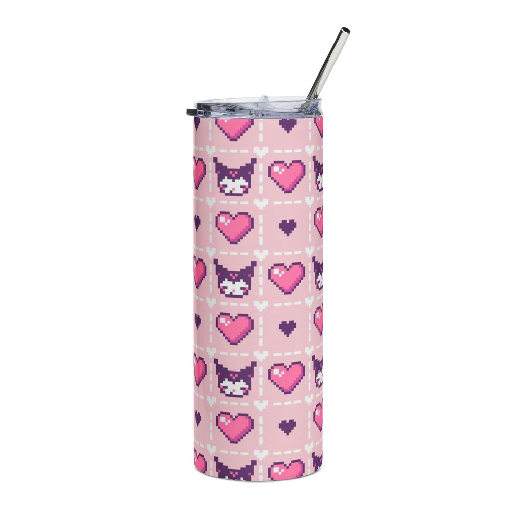 Kuromi Pink Sanrio Pixel Cat Hearts Stainless Steel Tumbler, 20oz