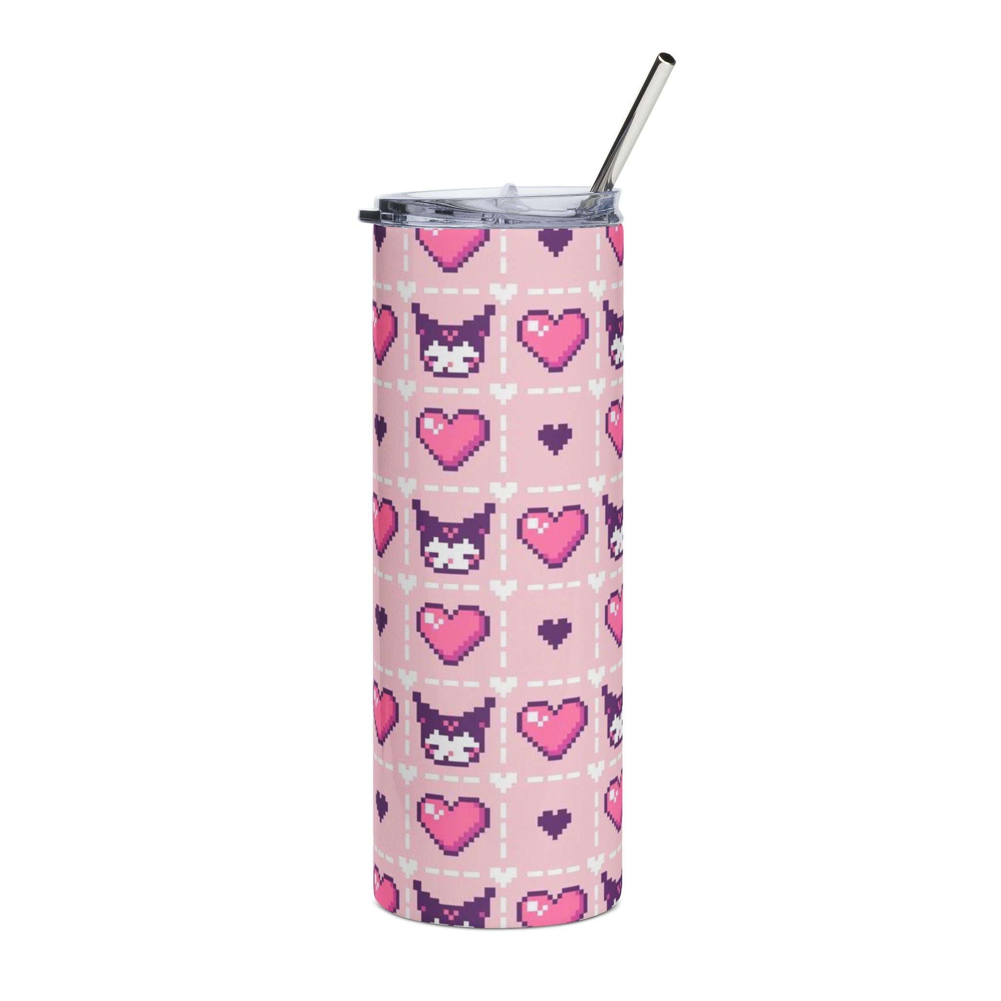 Kuromi Pink Sanrio Pixel Cat Hearts Stainless Steel Tumbler, 20oz