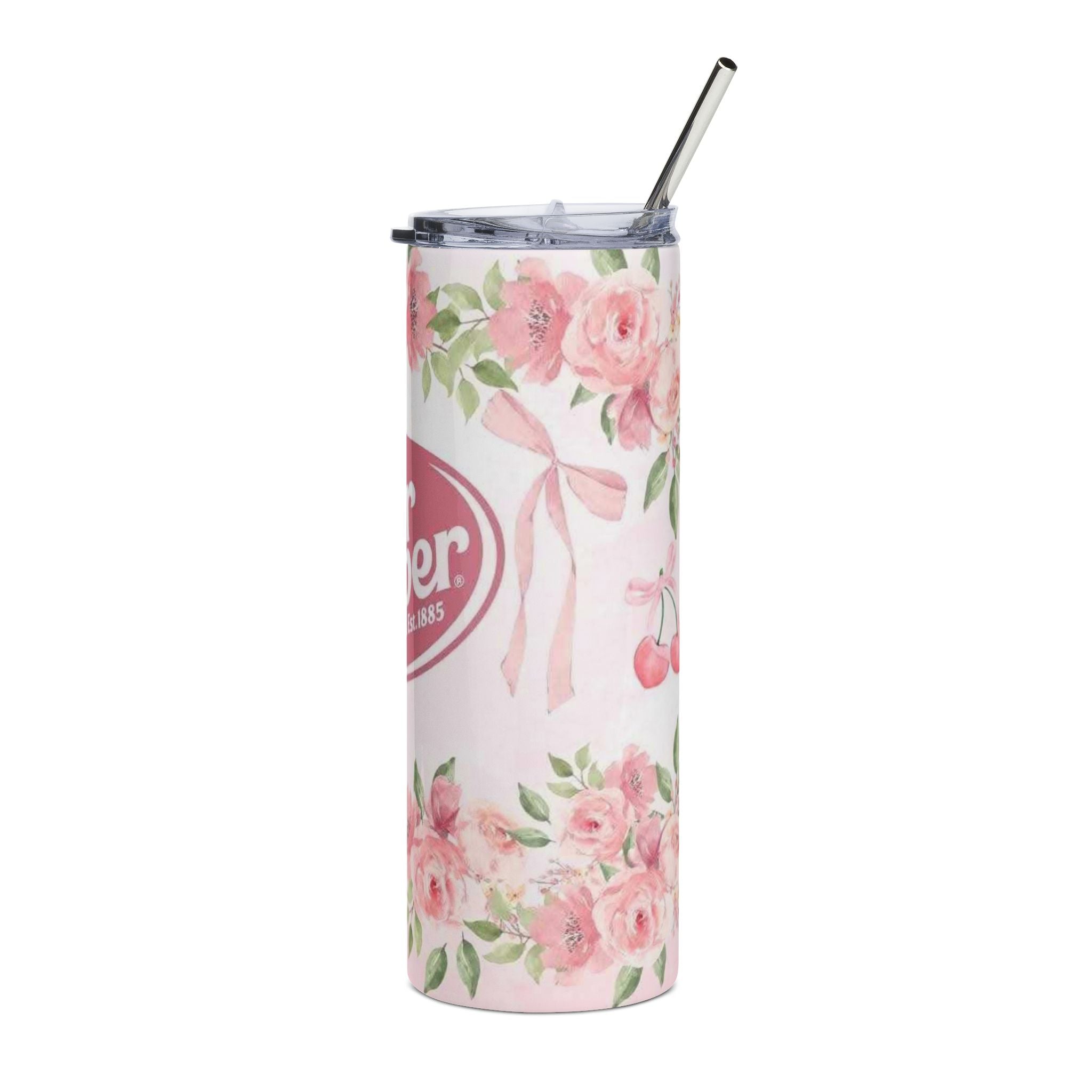 Coquette Pastel Pink Floral Dr Pepper Logo Tumbler | 20oz Stainless Steel