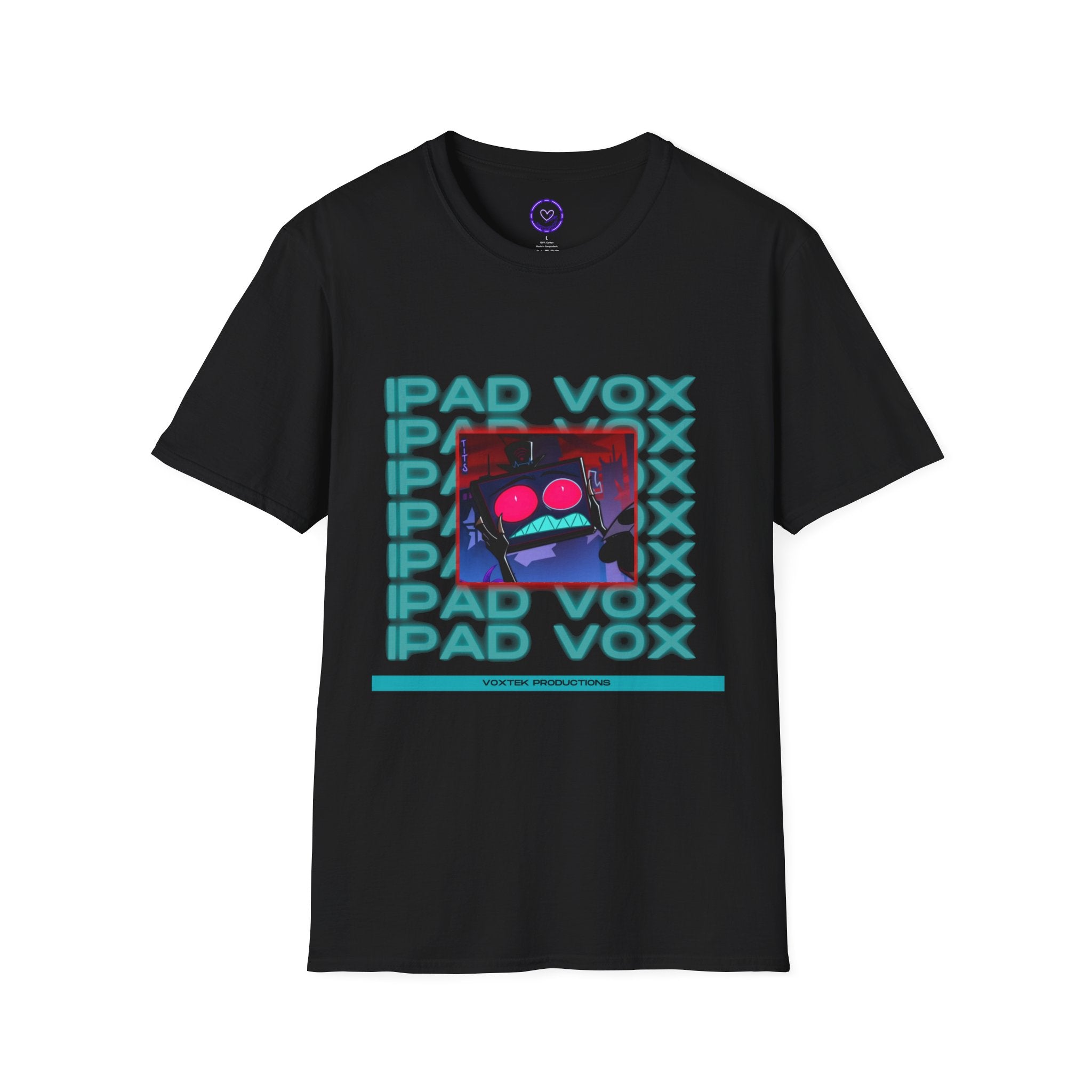 Hazbin Hotel iPad Vox Hellaverse Neon Robo Face T-Shirt | Retro Cyberpunk iPad Vox Graphic Tee