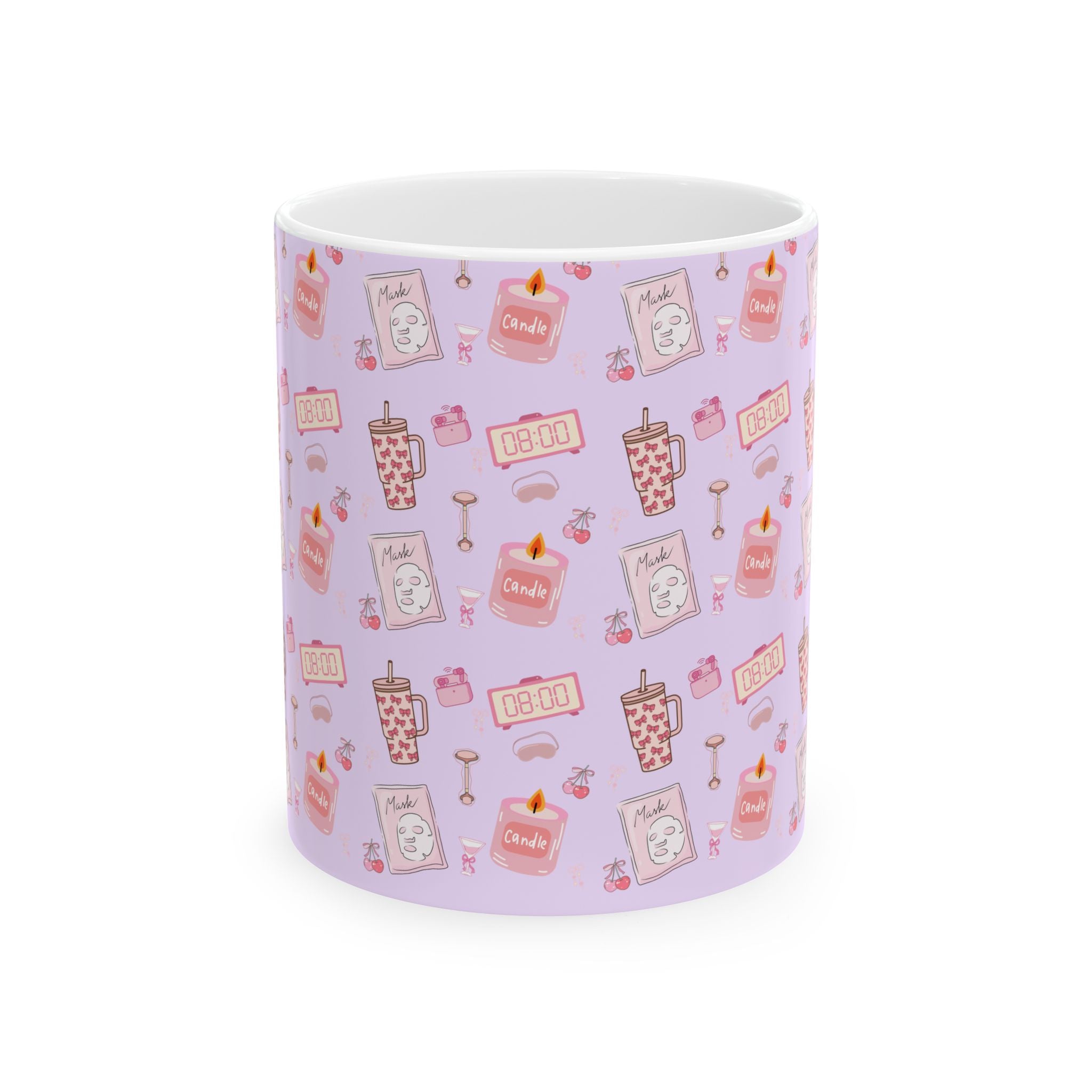 Kawaii Pink Self Care Bubble Tea Pattern Mug | Preppy Girly Cute Boba & Sweets Ceramic Mug