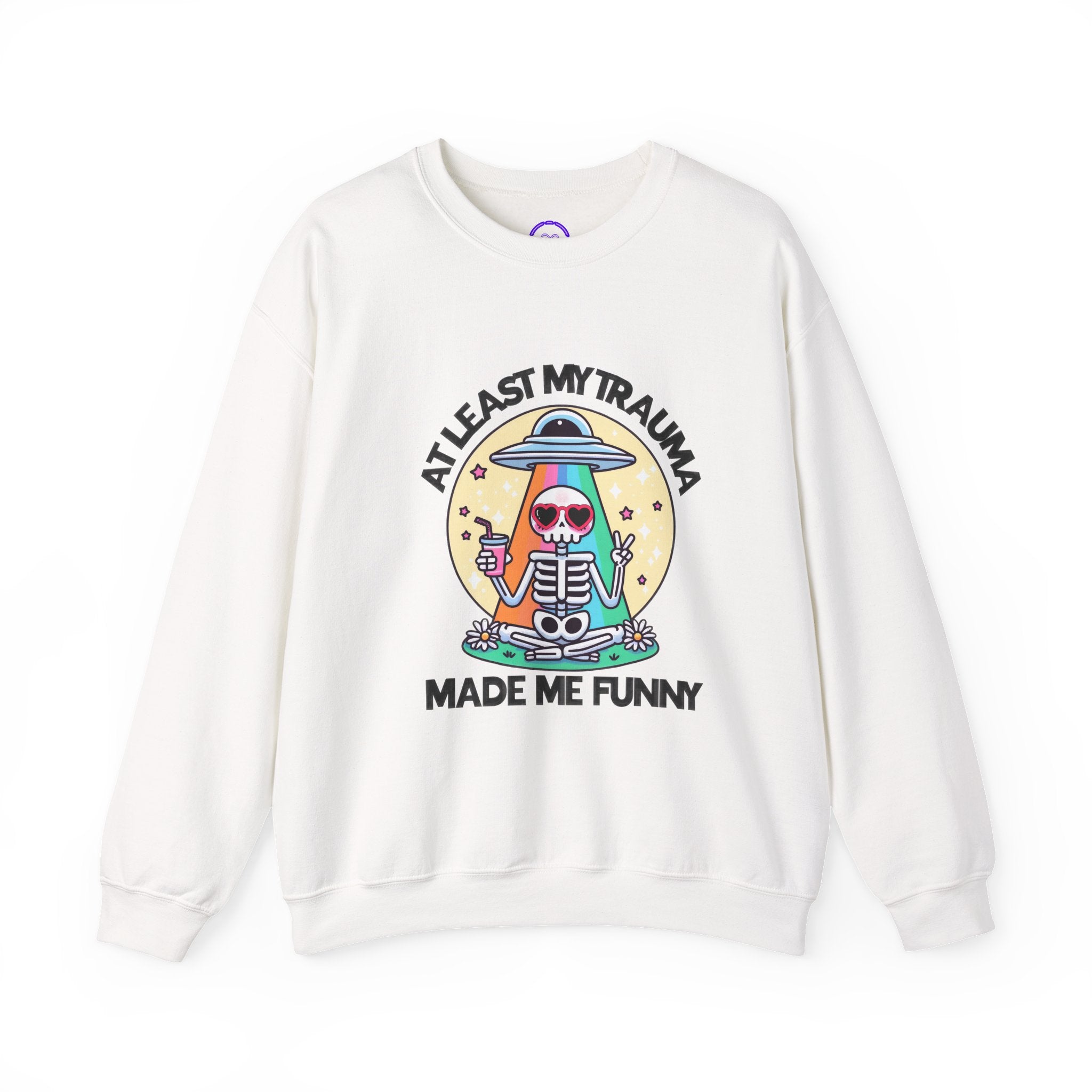 At Least My Trauma Made Me Funny Crewneck Sweatshirt | Skeleton Meditation Design