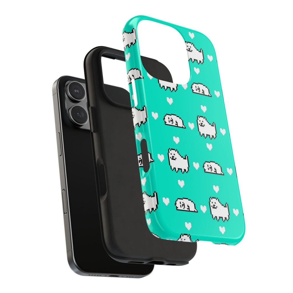 Undertale Cute Teal Kawaii Pixel Dog Pattern Phone Case | Cute Hearts Tough Phone Cases