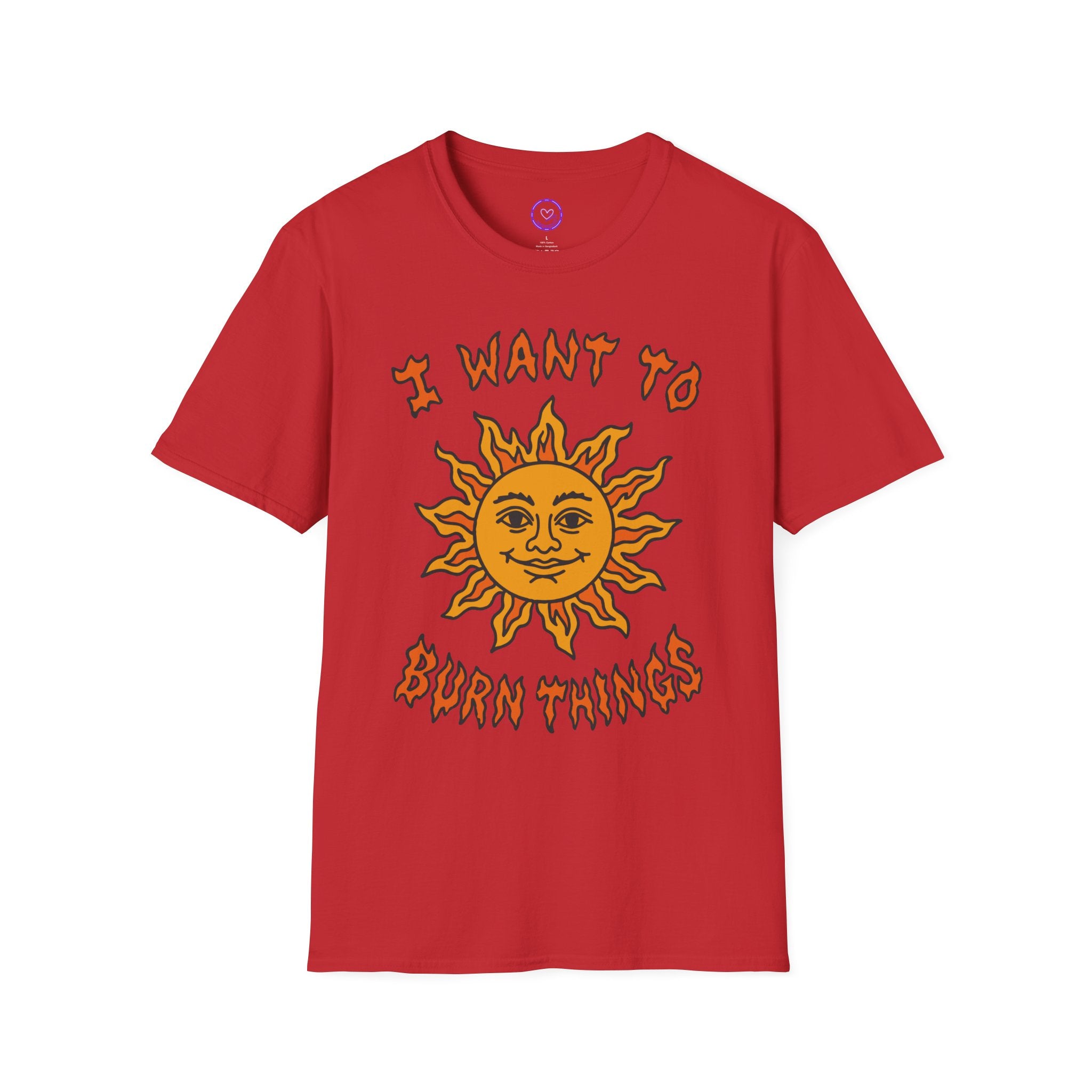 I Want To Burn Things Sun Graphic T-Shirt | Retro Smiling Sun Illustration