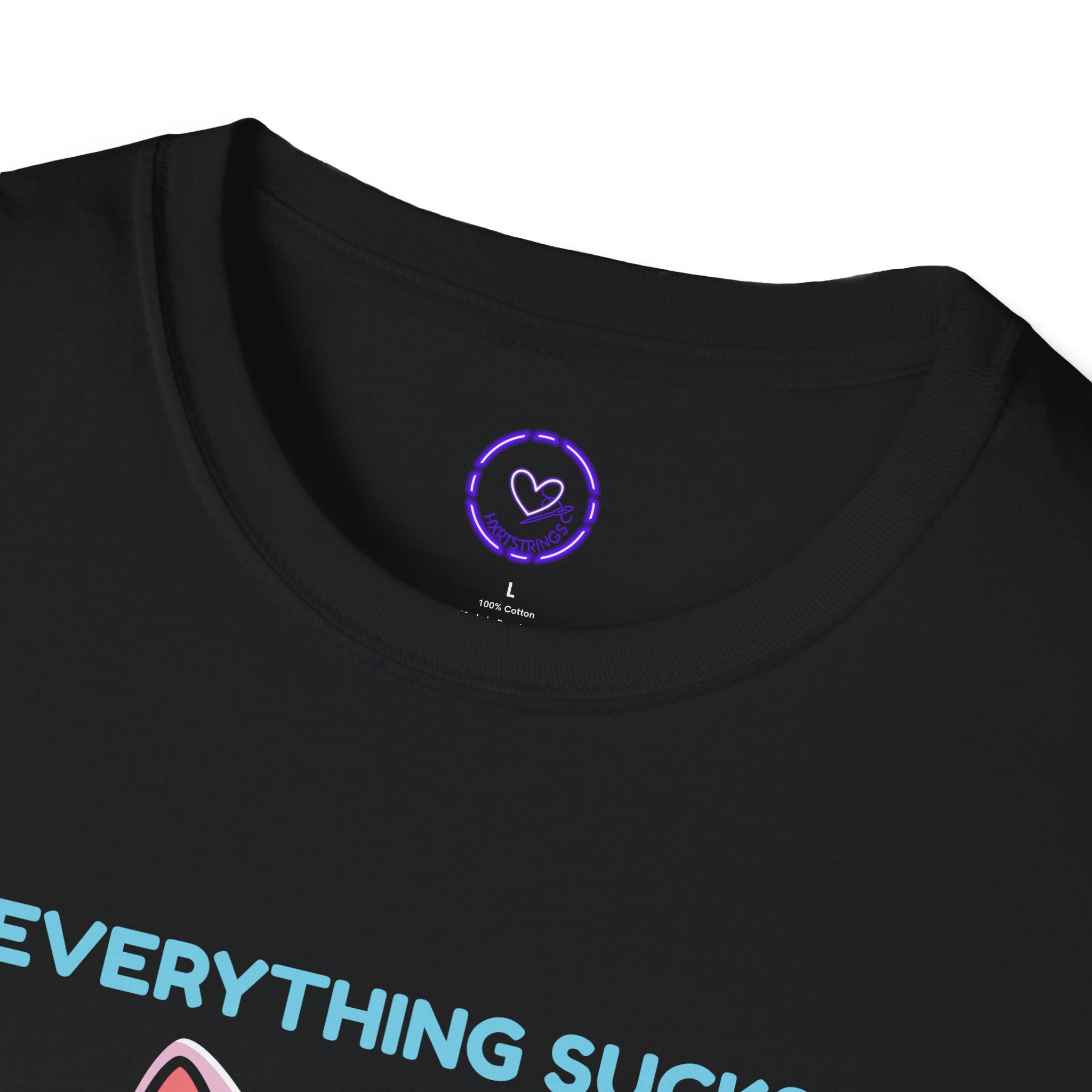 Everything Sucks but Noodles T-Shirt | Cute Pink Cat Ramen Graphic